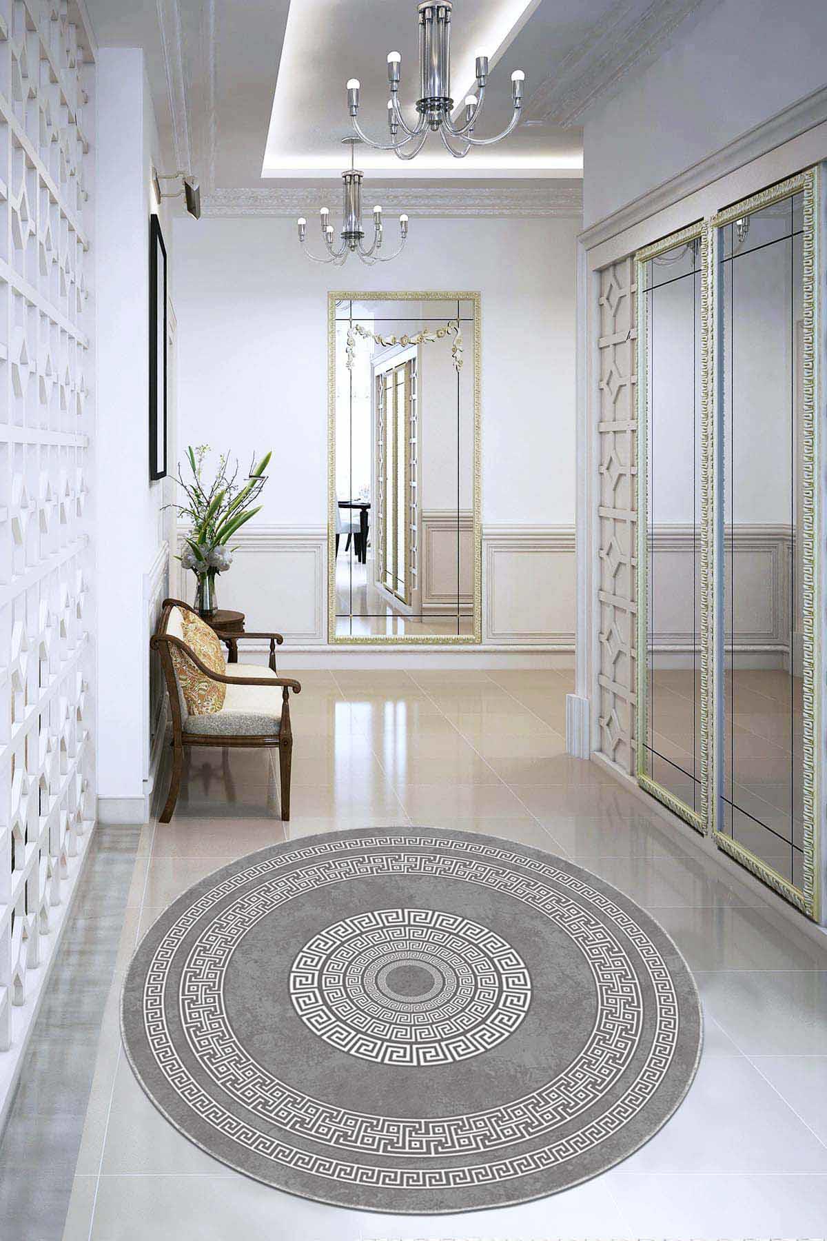 Viva Home AR926 Gri 7 mm Mikropolyester Toz Tutmaz Yıkanabilir İnce Kaymaz Dot Taban Yuvarlak Makine Dokuma Salon Halısı 80x150 cm