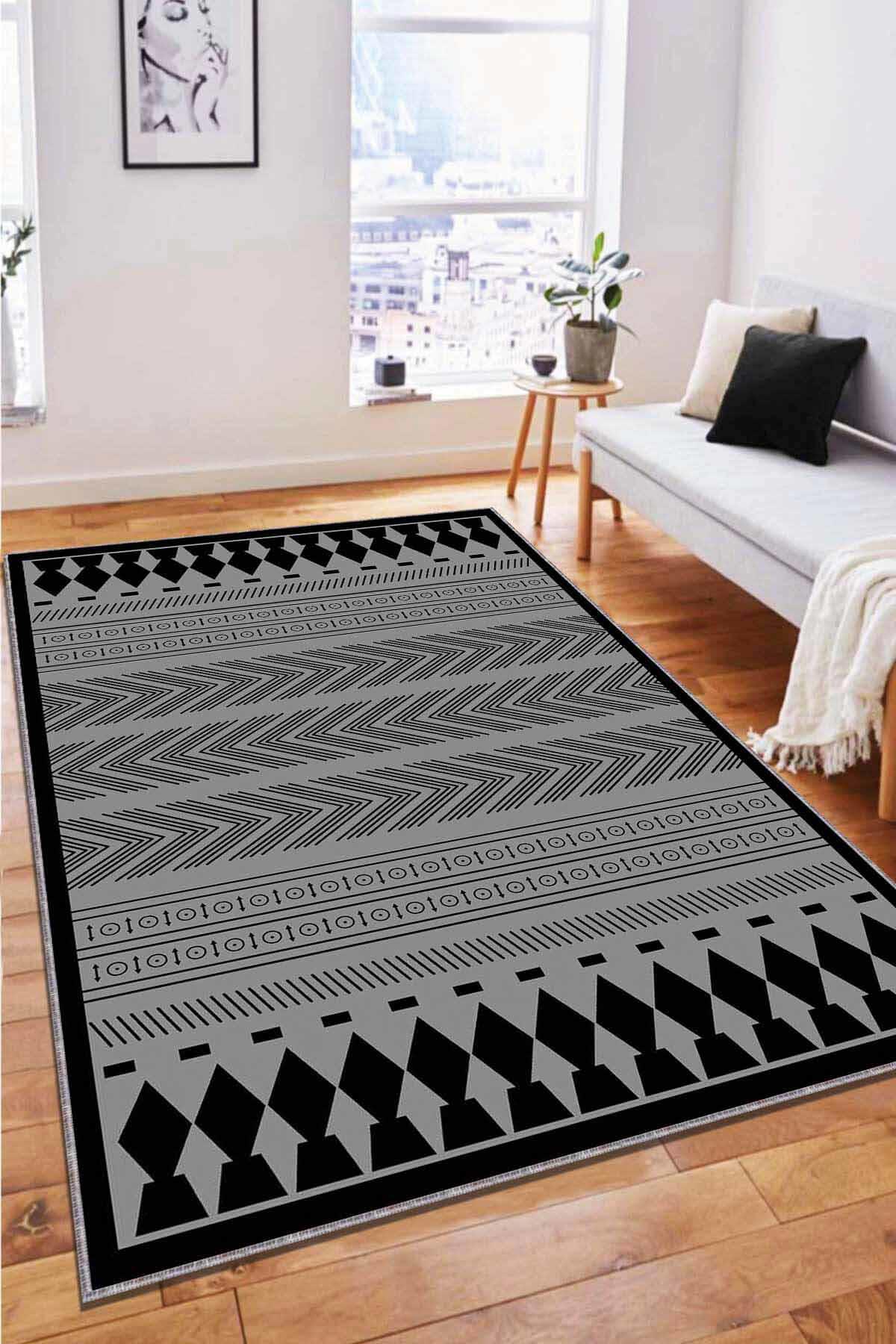 Viva Home RV263 Beyaz - Siyah 7 mm Mikropolyester Antibakteriyel Yıkanabilir İnce Kaymaz Lateks Taban Dikdörtgen Makine Dokuma Salon Halısı 200x290 cm