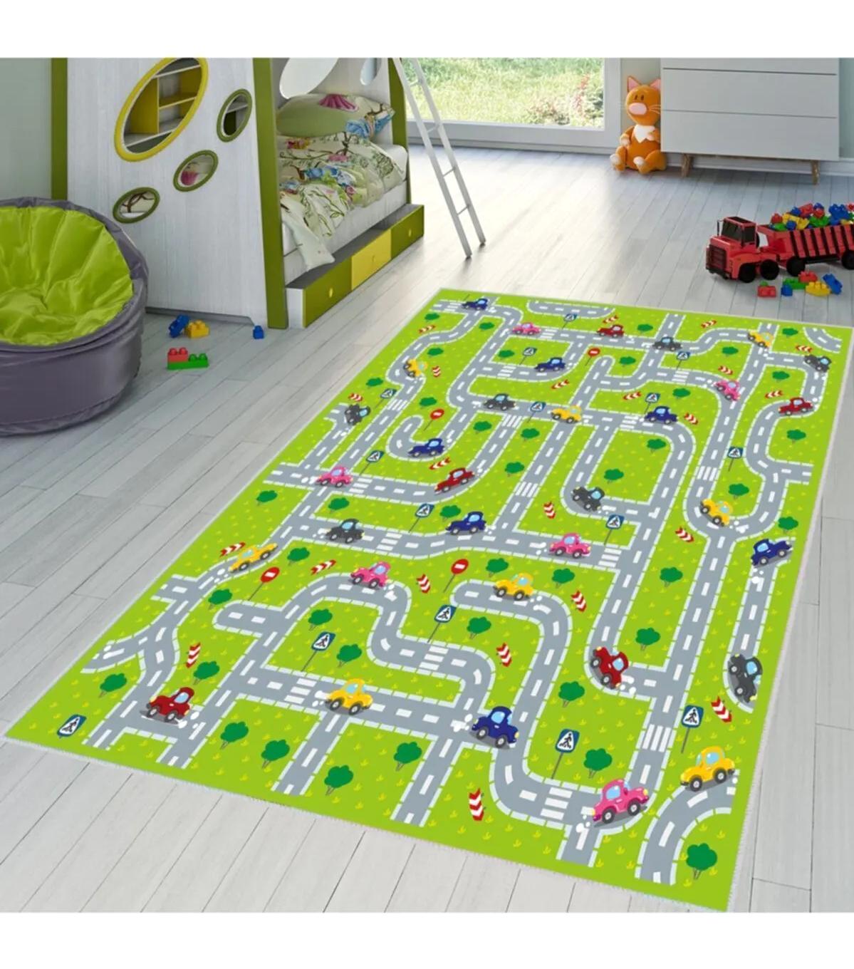Rovigo Home RVG4007 Yeşil 8 mm Polyester Yıkanabilir Orta Kaymaz Dot Taban Dikdörtgen Makine Dokuma Çocuk Odası Halısı 100x300 cm