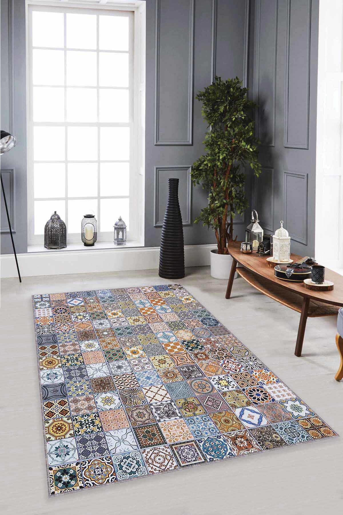 Viva Home MX03 Mavi 7 mm Mikropolyester Antibakteriyel Yıkanabilir İnce Kaymaz Dikdörtgen Makine Dokuma Salon Halısı 150x220 cm