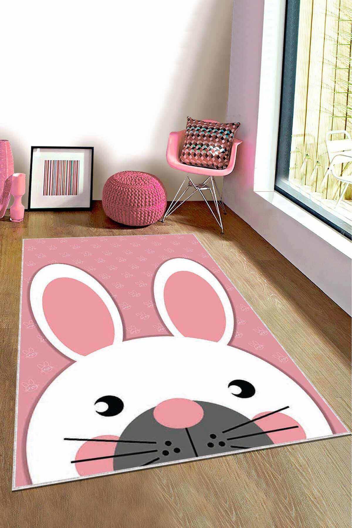 Viva Home KD003 Pembe 7 mm Mikropolyester Leke Tutmaz Yıkanabilir İnce Kaymaz Dot Taban Dikdörtgen Makine Dokuma Çocuk Odası Halısı 140x200 cm