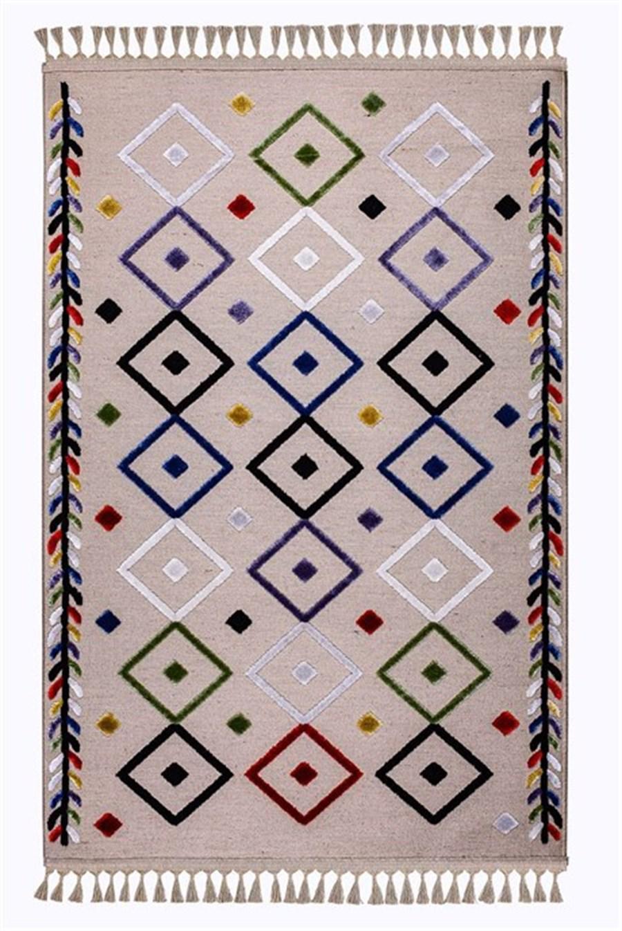 Kreasyon Halı 9235 Vizon 3 mm Akrilik Yıkanabilir Kalın Kaymaz Pamuk Taban Geometrik Dikdörtgen Makine Dokuma Salon Halısı 180x180 cm