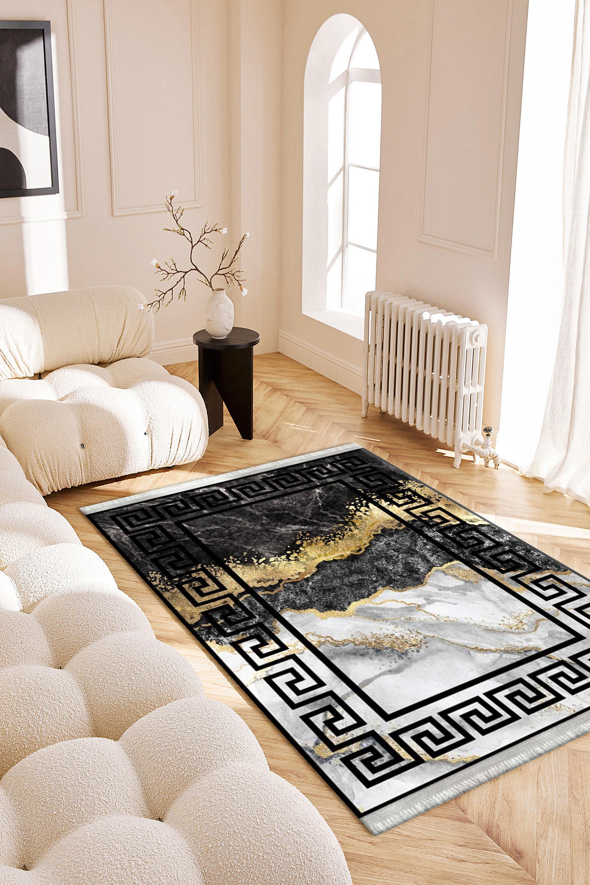 Roslyn Home Altın 6 mm Polyester Toz Tutmaz Yıkanabilir İnce Kaymaz Dot Taban Dikdörtgen Makine Dokuma Salon Halısı 80x150 cm