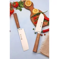 Castle Şef Bıçak Seti 2 Parça Nakiri ve Santoku Ceviz Ağacı Sap Et Ekmek Sebze Doğrama Bıçağı