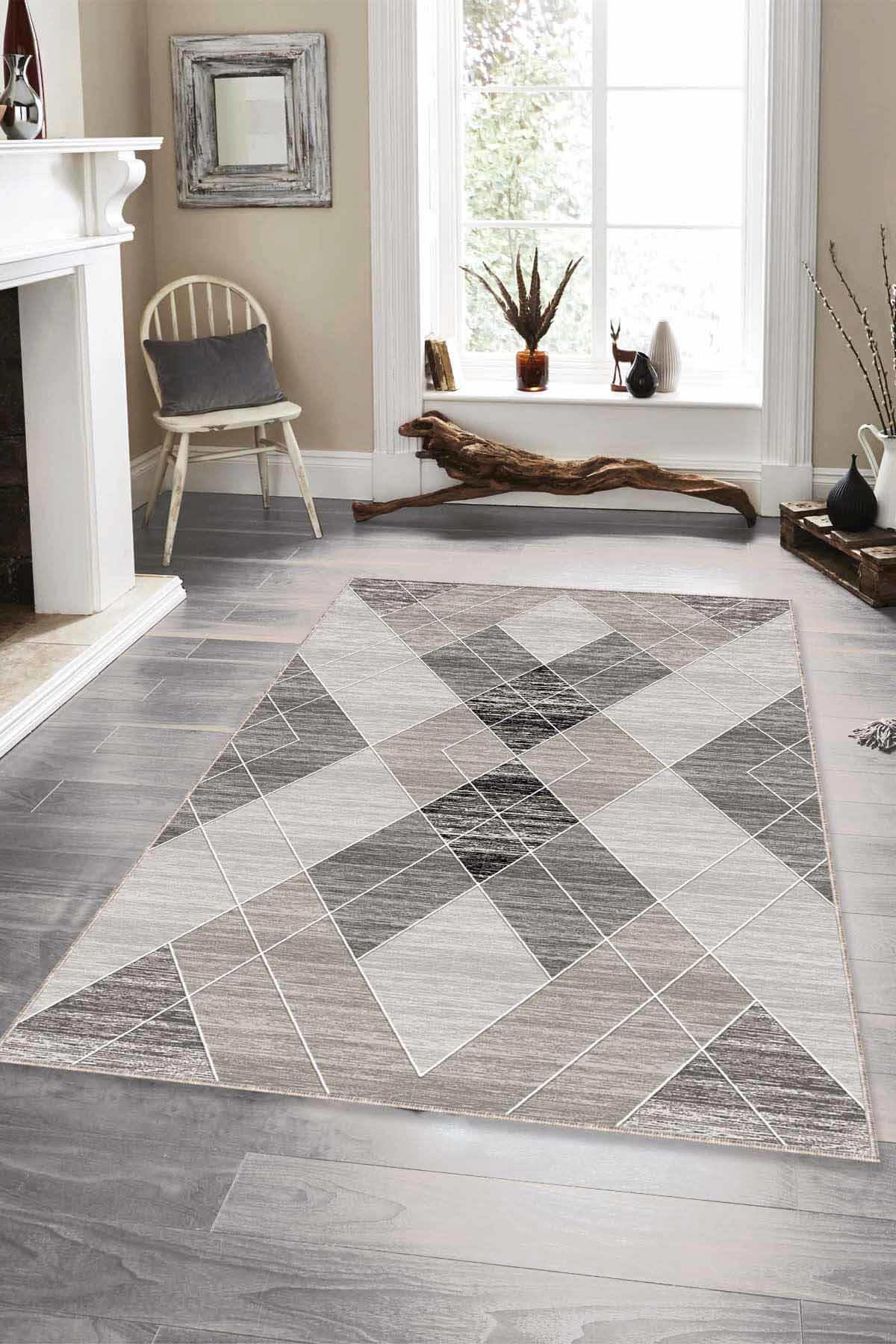 Viva Home DD01 Gri 7 mm Mikropolyester Toz Tutmaz Yıkanabilir İnce Kaymaz Dot Taban Geometrik Dikdörtgen Makine Dokuma Salon Halısı 160x230 cm