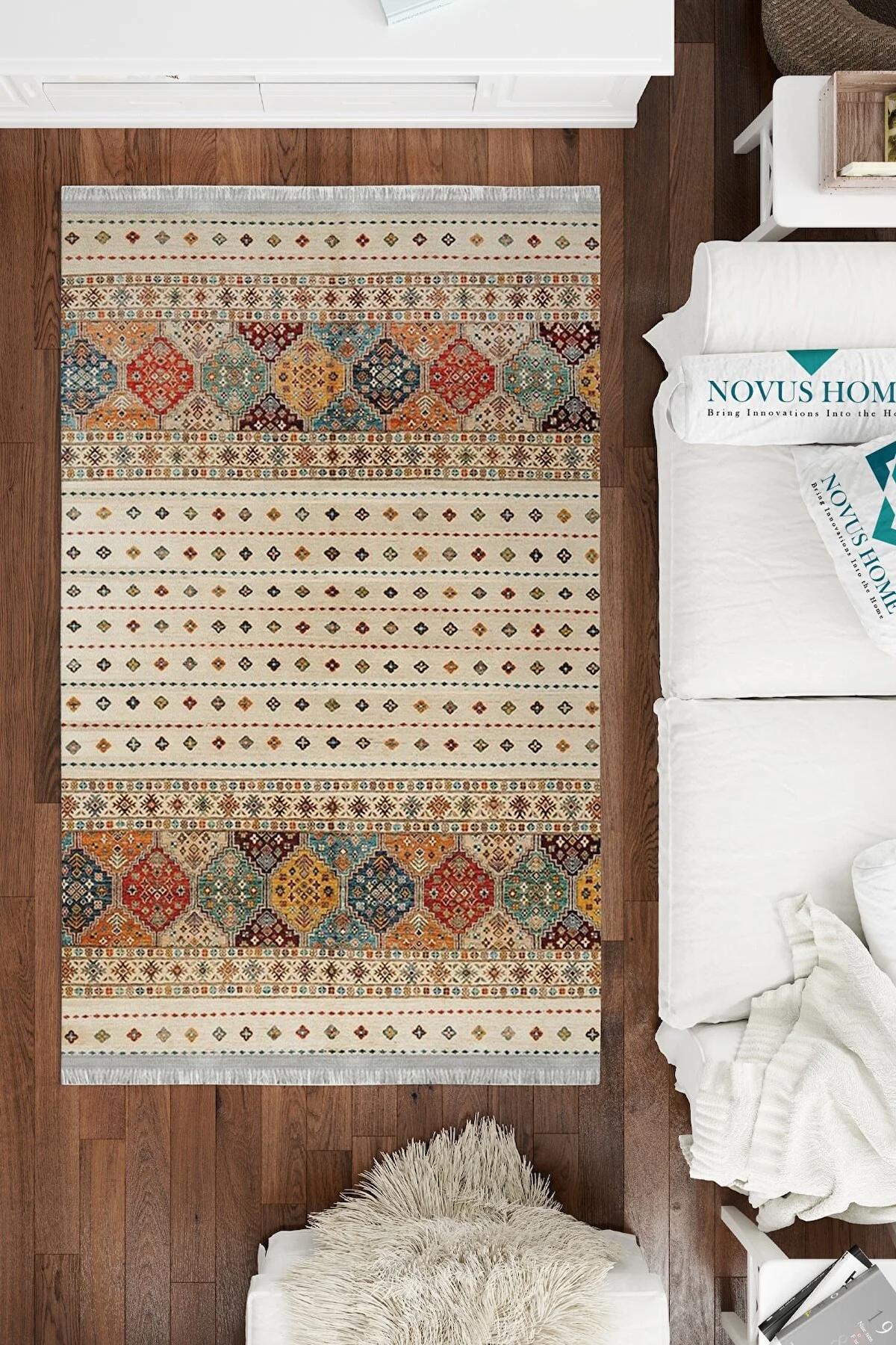 Novus Home Westa Serisi Kahverengi - Krem 6 mm Pamuk Antibakteriyel-Toz Tutmaz-Yalıtıma Yardımcı Yıkanabilir İnce Kaymaz Taban Dikdörtgen Makine Dokuma Antre-Salon-Yatak Odası Halısı 80x120 cm