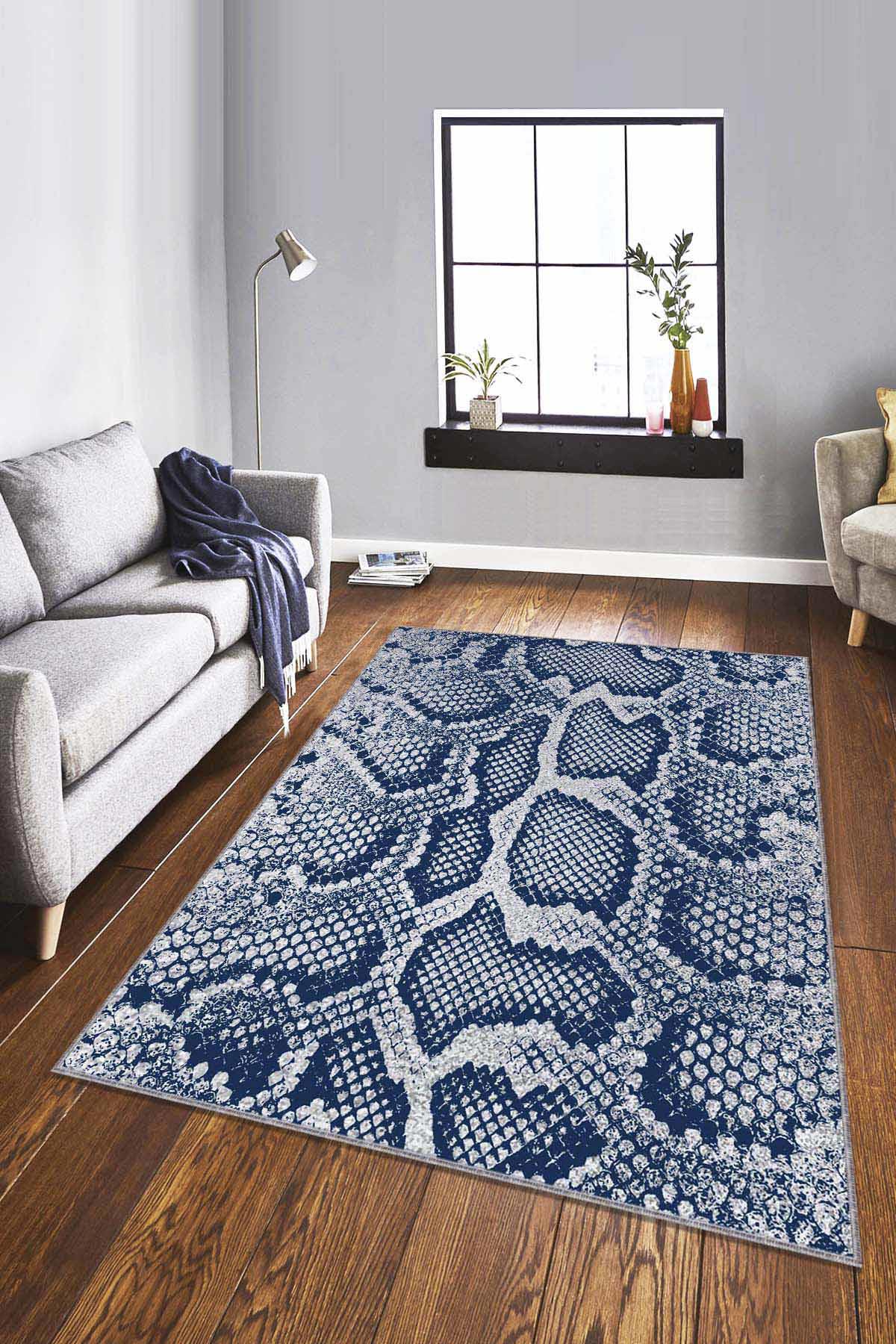 Viva Home RV234 Lacivert 7 mm Mikropolyester Leke tutmaz Yıkanabilir İnce Kaymaz Dikdörtgen Makine Dokuma Çocuk Odası Halısı 80x150 cm