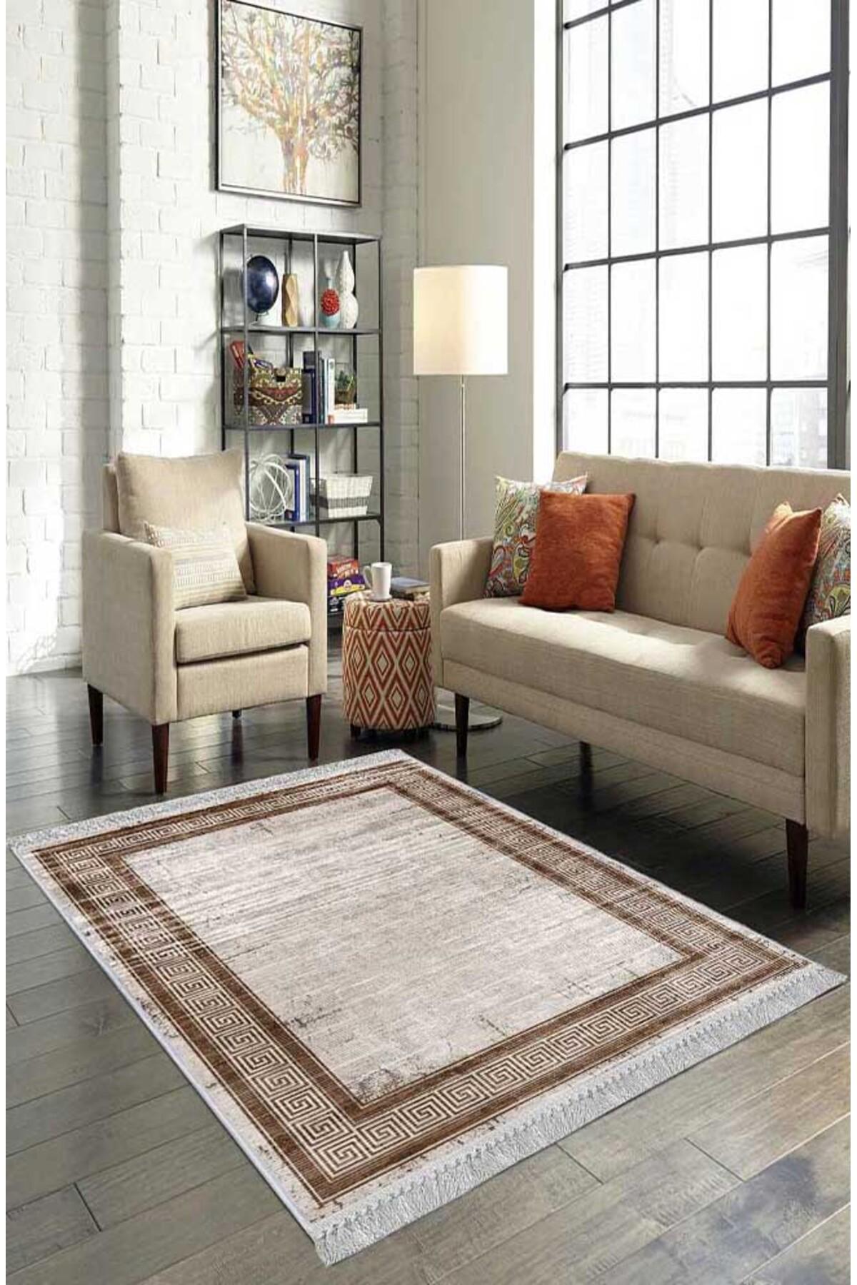 Artizon ART005 Kahverengi 0.8 mm Polyester Toz Tutmaz Yıkanabilir İnce Kaymaz Dot Taban Dikdörtgen Makine Dokuma Salon Halısı 100x250 cm