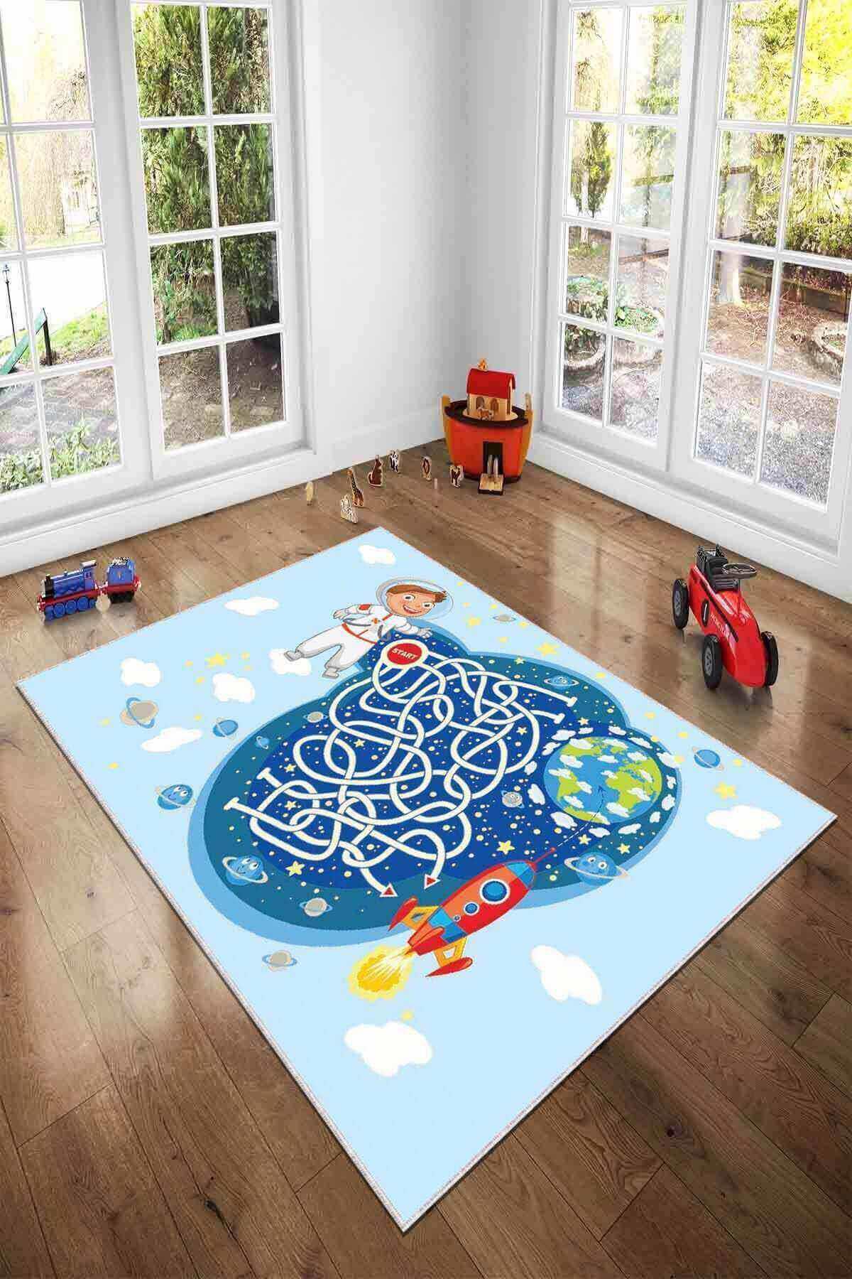 Viva Home KD077 Mavi 7 mm Mikropolyester Leke tutmaz Yıkanabilir İnce Kaymaz Dot Taban Dikdörtgen Makine Dokuma Çocuk Odası Halısı 100x200 cm