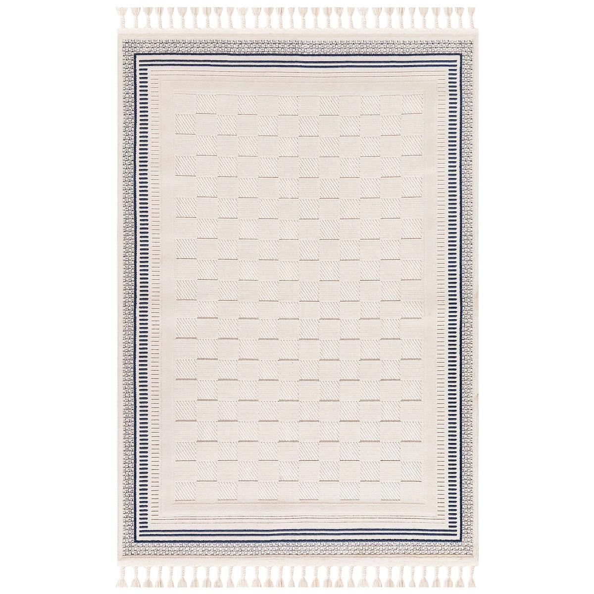 İpek Mekik Halı Duru Pien 1752 Bej - Mavi 10 mm Polyester Yıkanabilir Orta Kaymaz Dikdörtgen Makine Dokuma Antre-Çocuk Odası-Salon-Yatak Odası Halısı 40x60 cm