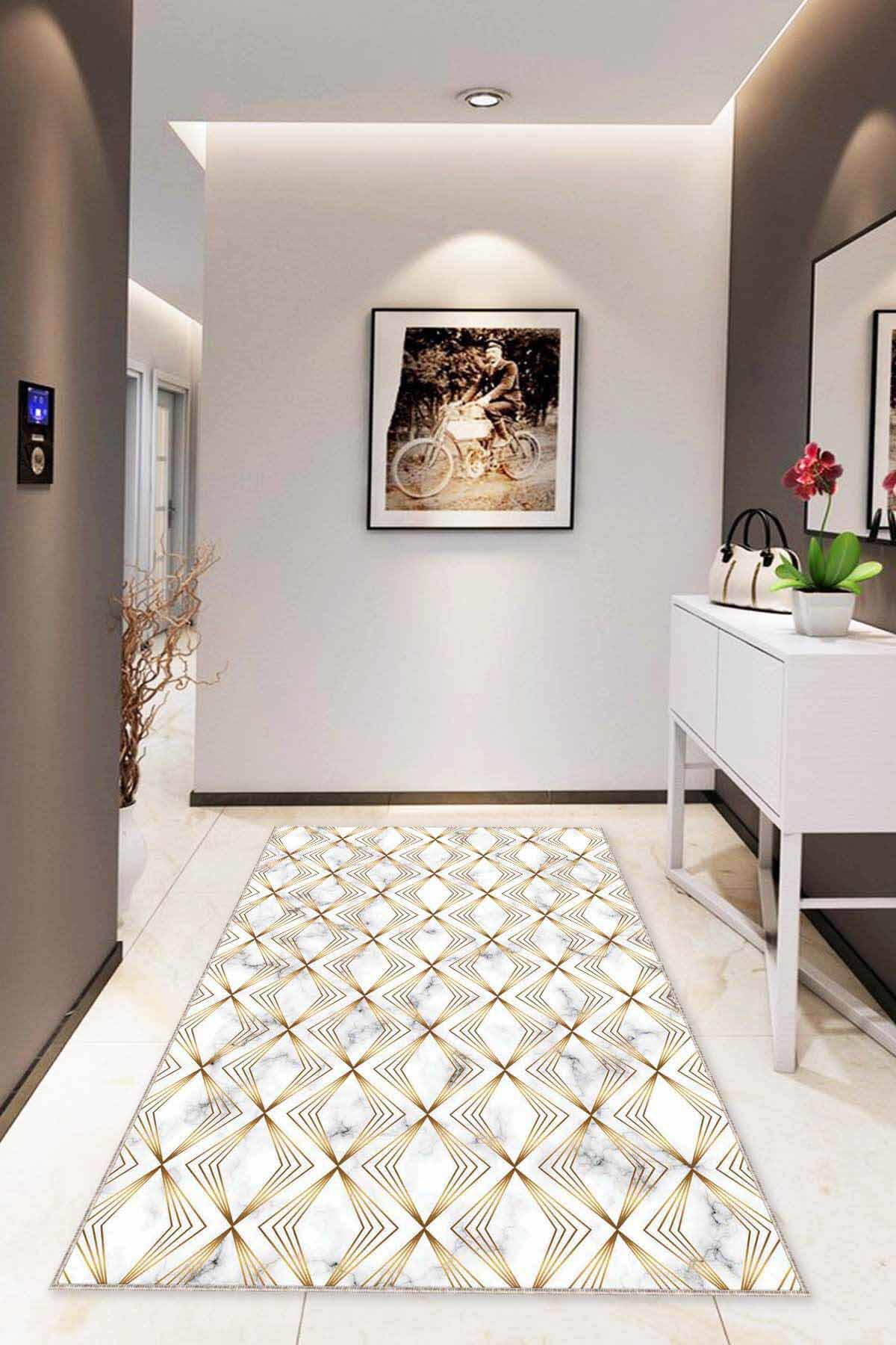 Viva Home RV018 Altın 7 mm Mikropolyester Antibakteriyel Yıkanabilir İnce Kaymaz Dot Taban Geometrik Dikdörtgen Makine Dokuma Salon Halısı 100x300 cm