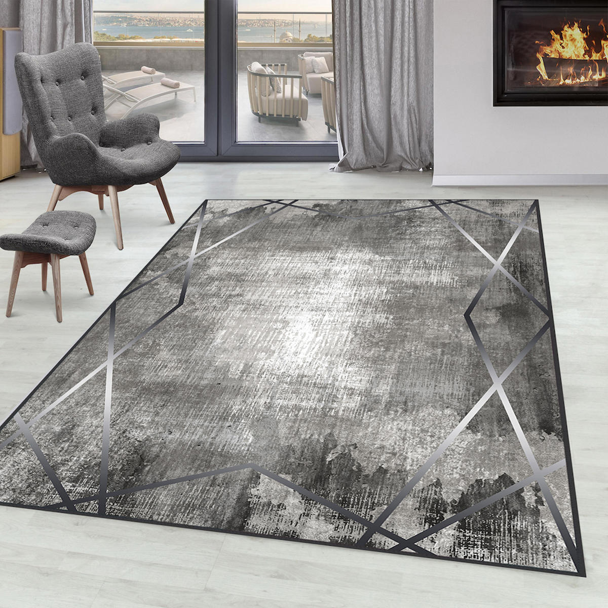Rovigo Home RVG0256 Gri 8 mm Polyester Leke Tutmaz-Toz Tutmaz Yıkanabilir İnce Kaymaz Dot Taban Dikdörtgen Makine Dokuma Salon Halısı 160x230 cm