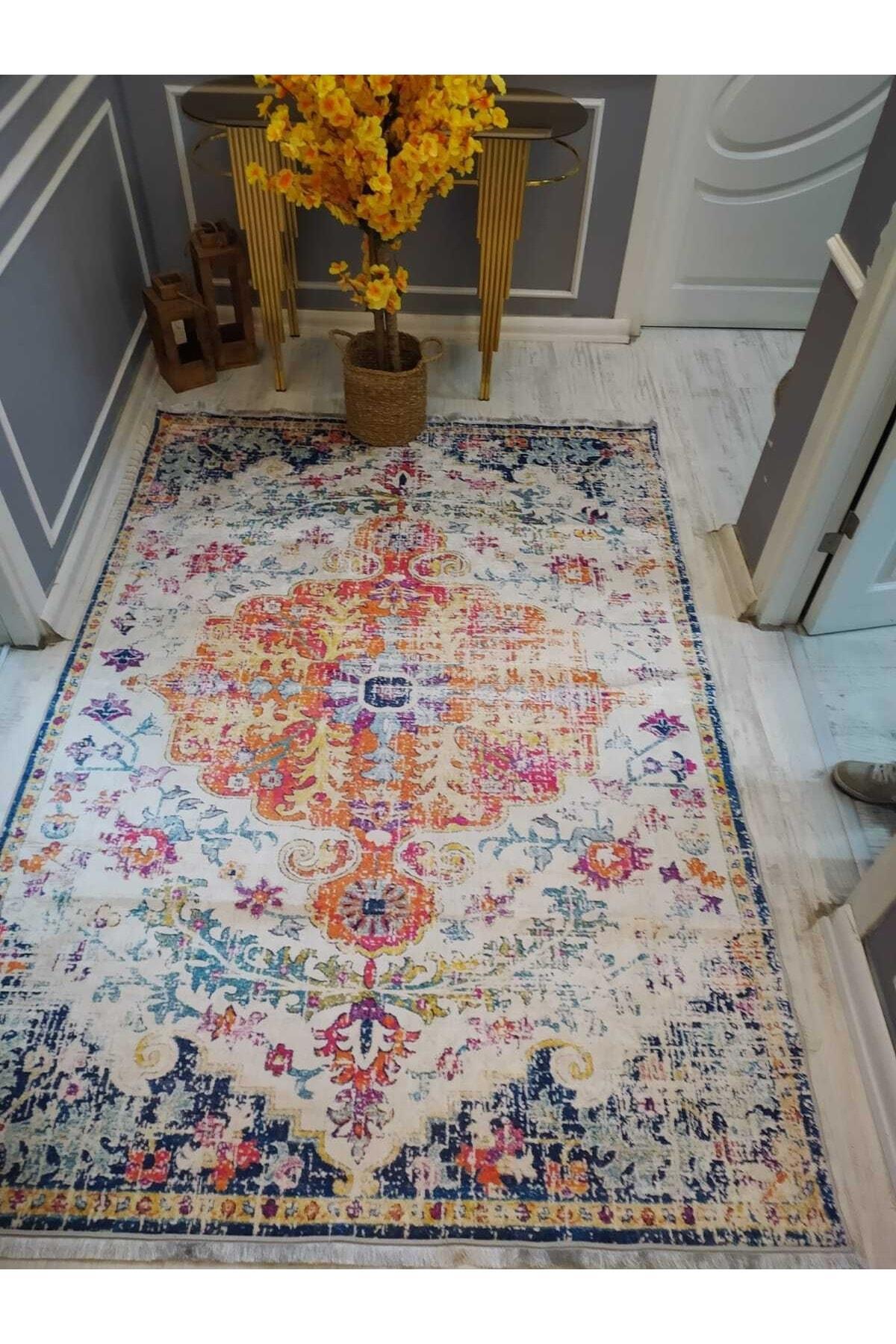 Sarar Krem 0.7 mm Pamuk Yıkanabilir Kaymaz Taban Dikdörtgen Makine Dokuma Halı 80x650 cm