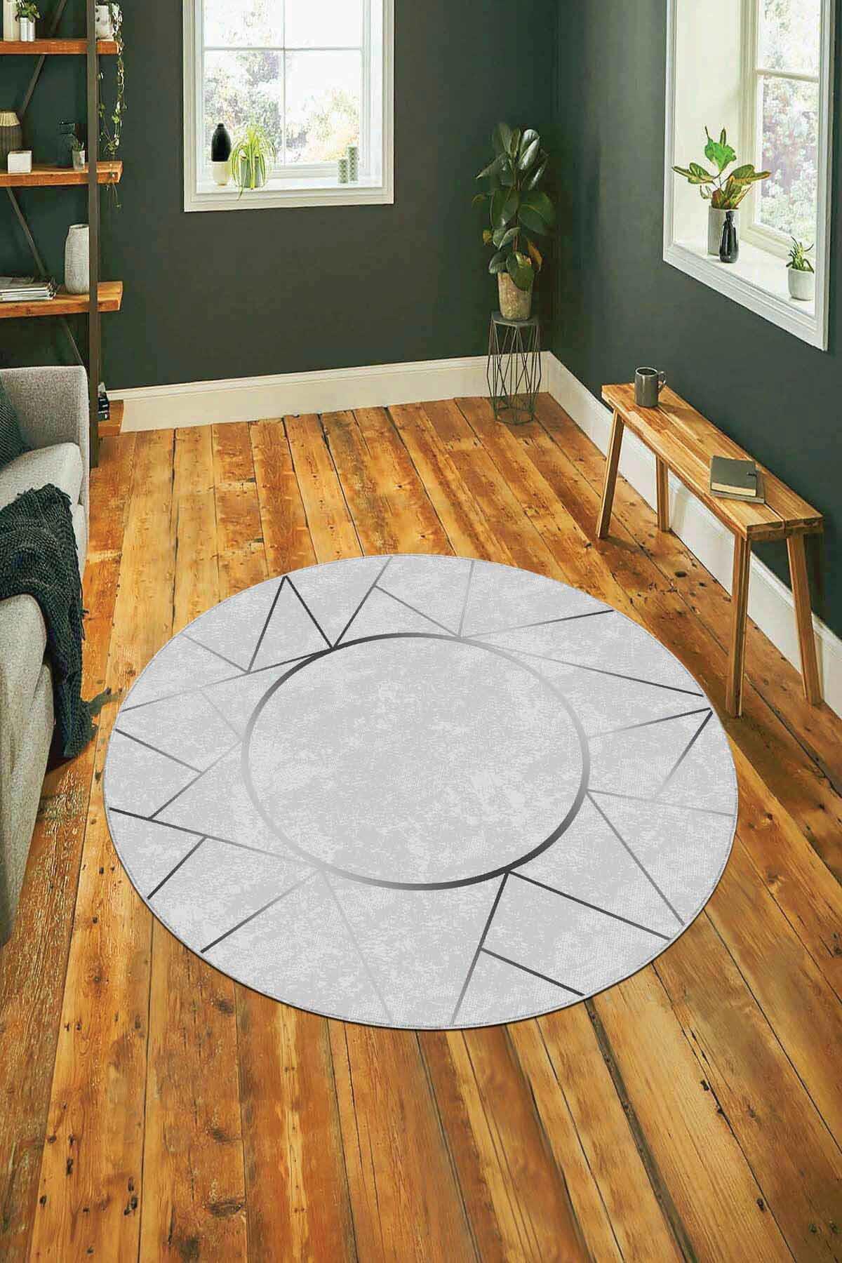 Viva Home AR402 Gri 7 mm Mikropolyester Antibakteriyel Yıkanabilir Kalın Kaymaz Deri Taban Yuvarlak Makine Dokuma Salon Halısı
