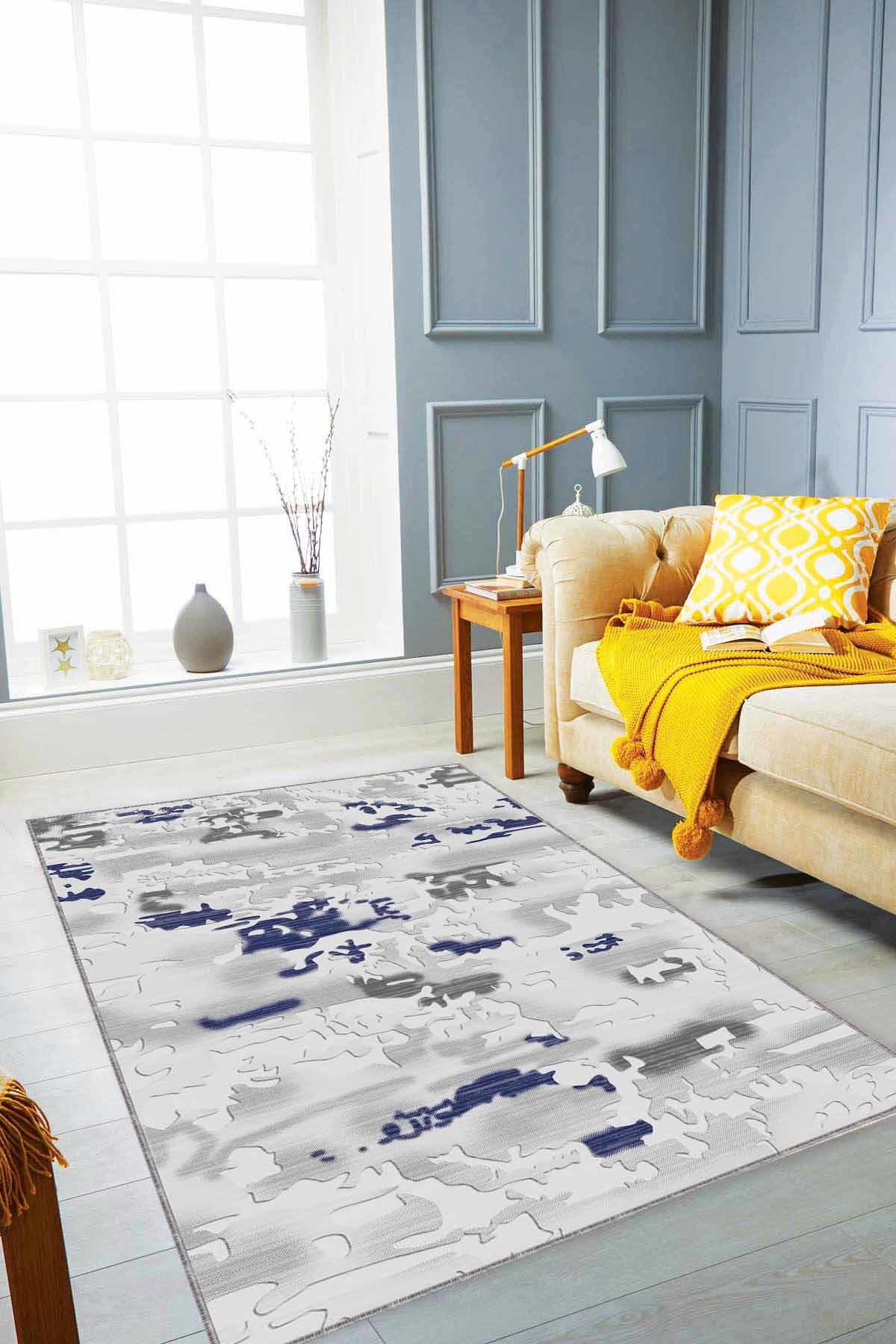 Viva Home NU009 Lacivert 7 mm Mikropolyester Antibakteriyel Yıkanabilir İnce Kaymaz Dot Taban Dikdörtgen Makine Dokuma Salon Halısı 100x150 cm