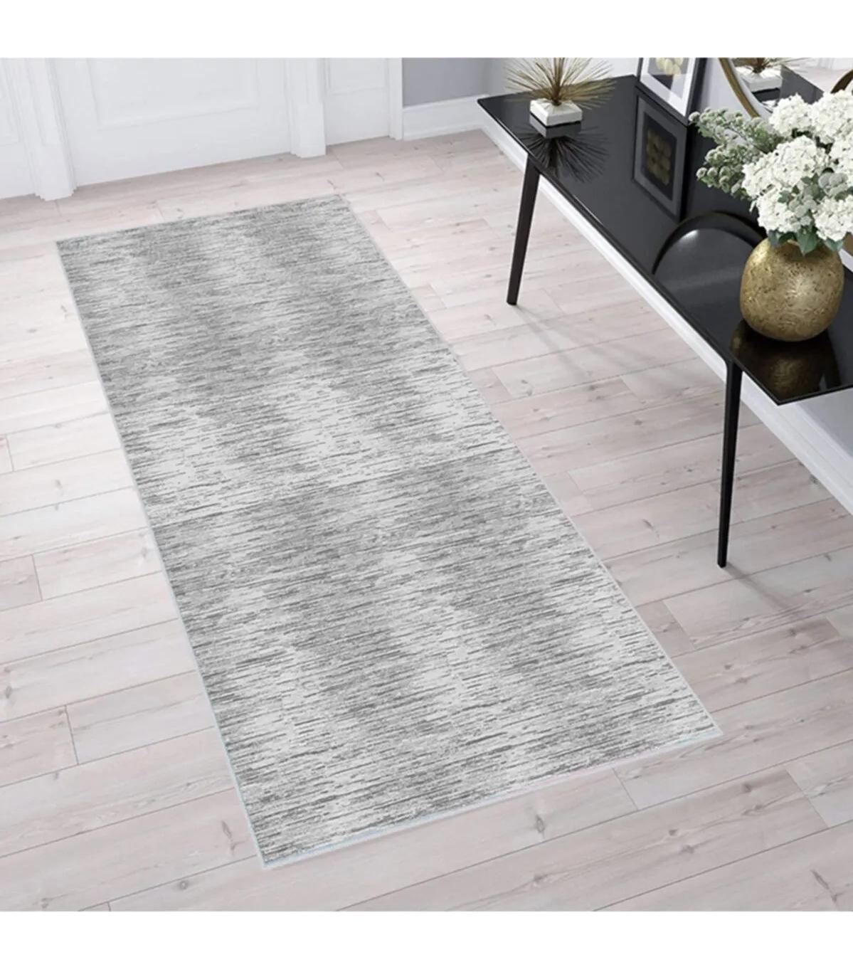 Rovigo Home RVG1494 Gri 8 mm Polyester Antibakteriyel-Leke Tutmaz-Toz Tutmaz Yıkanabilir İnce Kaymaz Dot Taban Dikdörtgen Makine Dokuma Salon Halısı 80x300 cm