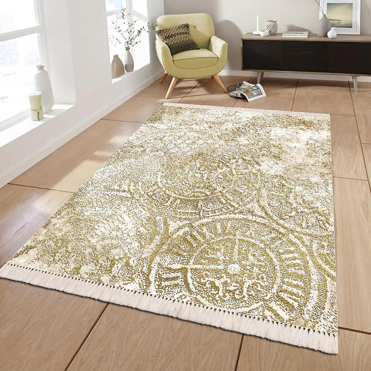 Aldora Altın - Krem 0.8 mm Polipropilen İnce Kaymaz Taban Dikdörtgen Makine Dokuma Halı 140x200 cm