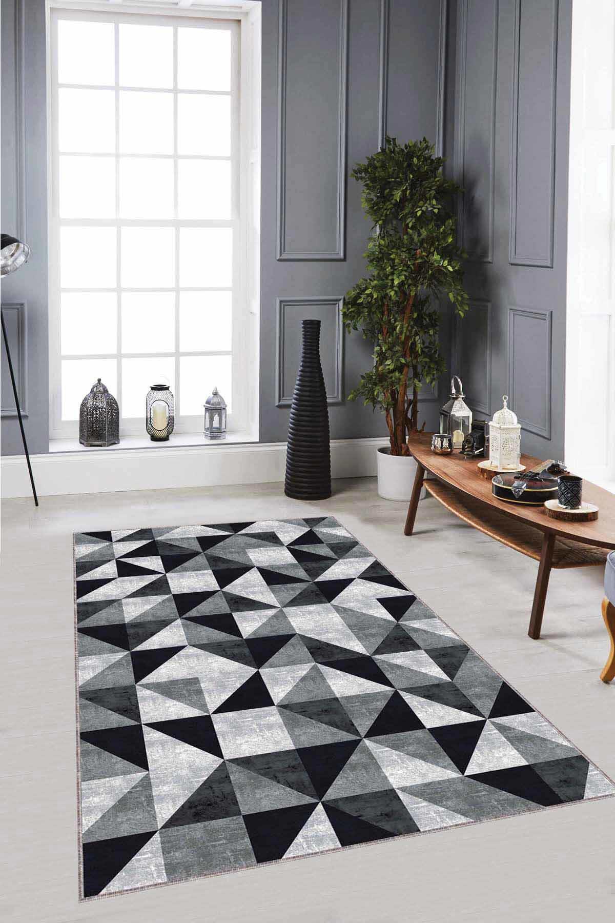 Viva Home PR04 Siyah 7 mm Mikropolyester Antibakteriyel Yıkanabilir Kalın Kaymaz Lateks Taban Dikdörtgen Makine Dokuma Salon Halısı 100x200 cm