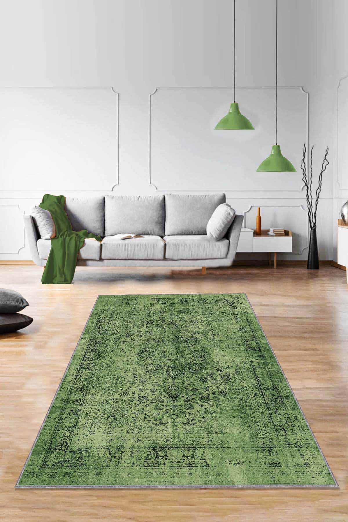 Viva Home RV280 Yeşil 7 mm Mikropolyester Yalıtıma Yardımcı Yıkanabilir İnce Kaymaz Taban Dikdörtgen Makine Dokuma Antre-Salon-Yatak Odası Halısı 120x180 cm