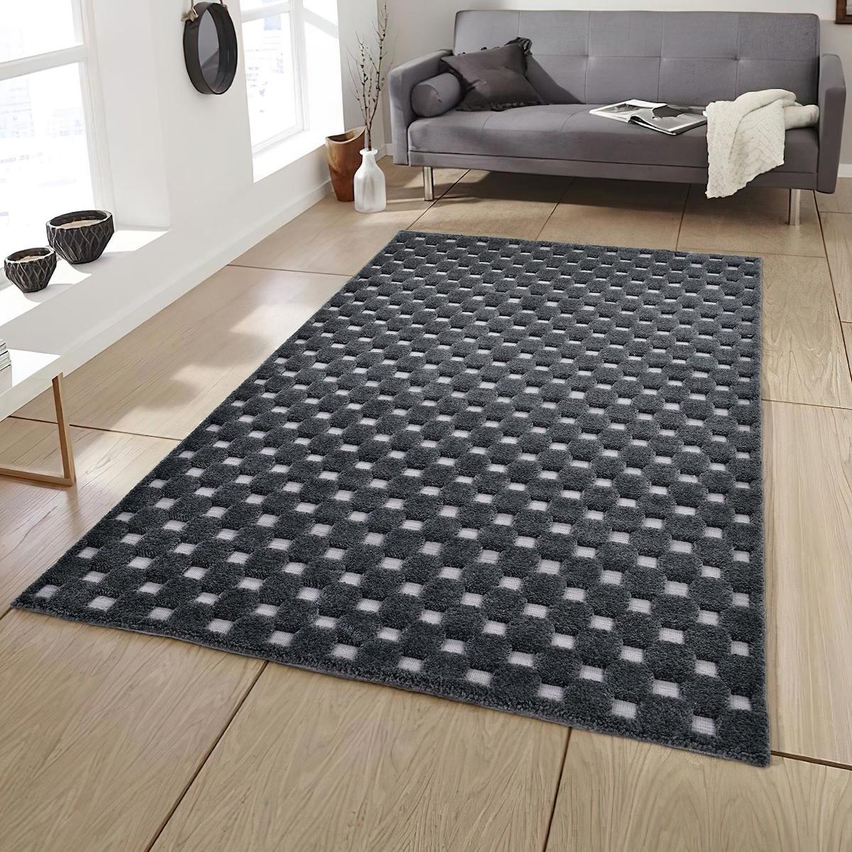 Giza Home Madu 1387Y Gri 20 mm Polyester Toz Tutmaz Yıkanabilir Kalın Kaymaz Geometrik Dikdörtgen Makine Dokuma Çocuk Odası-Yatak Odası Halısı 160x160 cm