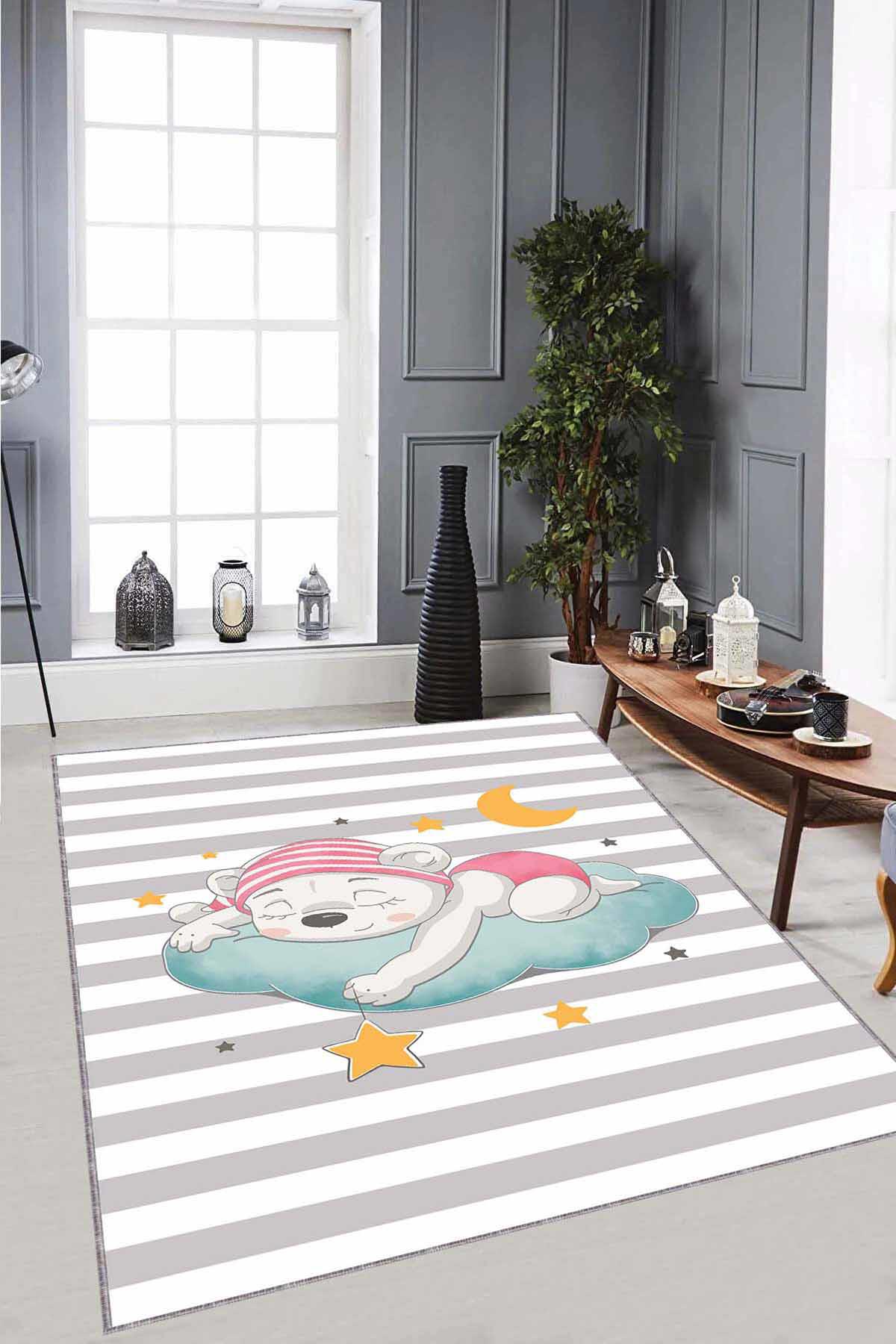 Viva Home AR1167 Çok Renkli 7 mm Mikropolyester Koku Yapmaz-Leke Tutmaz-Toz Tutmaz Yıkanabilir İnce Kaymaz Dot Taban Ayıcık Desenli Dikdörtgen Makine Dokuma Halı 120x200 cm