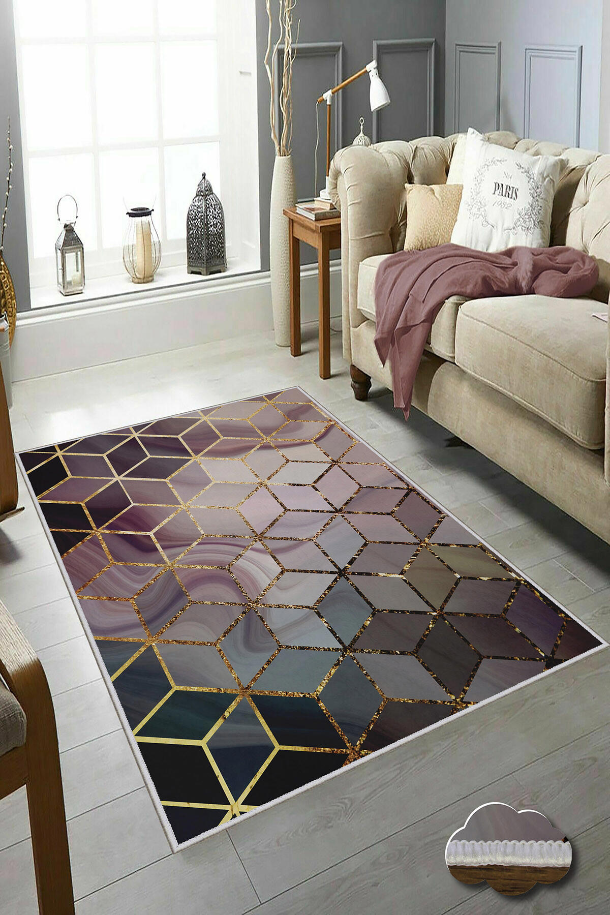 Homefesto Krem 5 mm Polyester Leke Tutmaz Yıkanabilir İnce Kaymaz Taban Geometrik Dikdörtgen Makine Dokuma Salon Halısı 100x300 cm