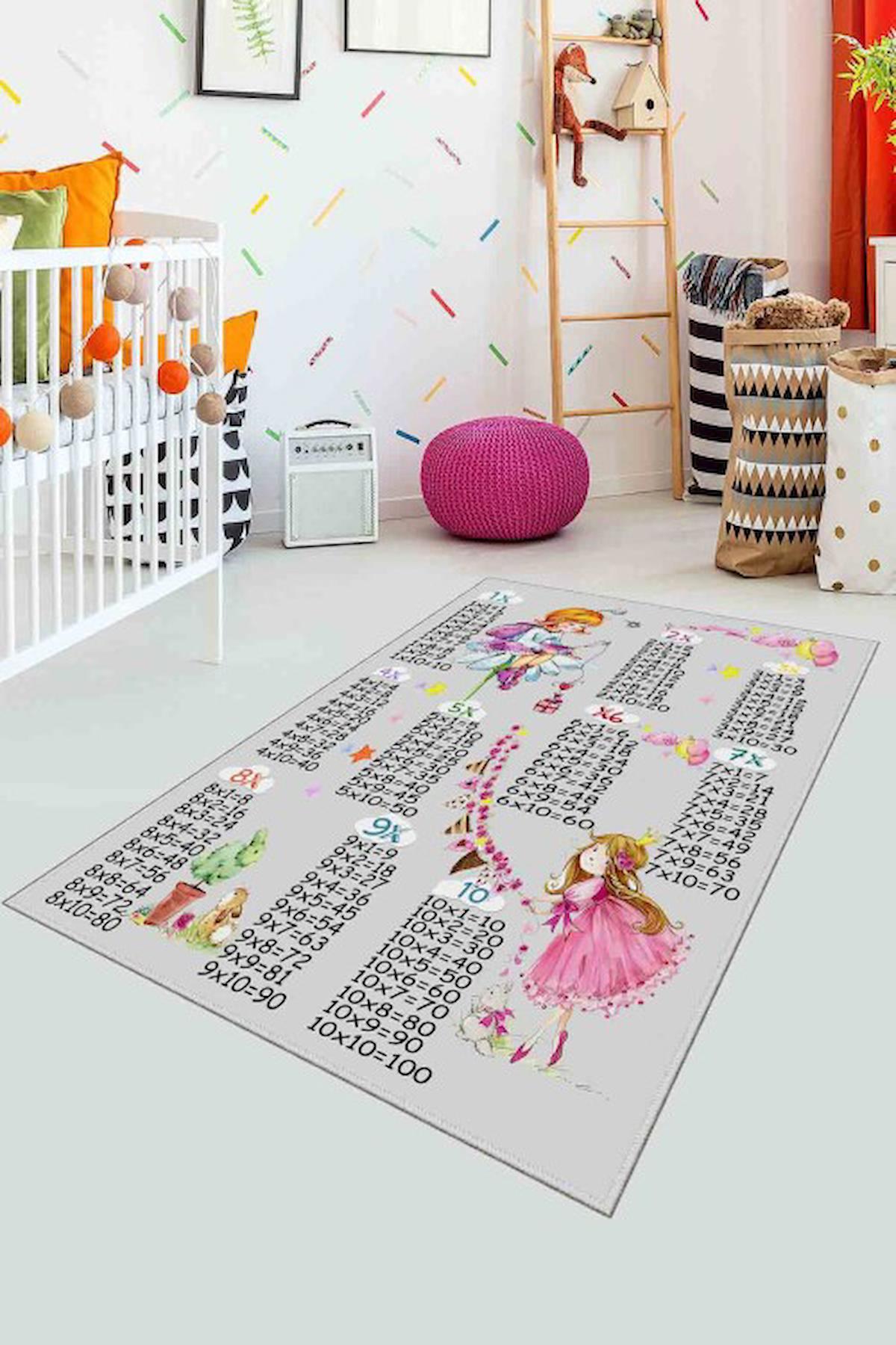 Homefesto Krem 5 mm Polyester Leke Tutmaz Yıkanabilir İnce Kaymaz Taban Eğitici Dikdörtgen Makine Dokuma Çocuk Odası Halısı 180x250 cm