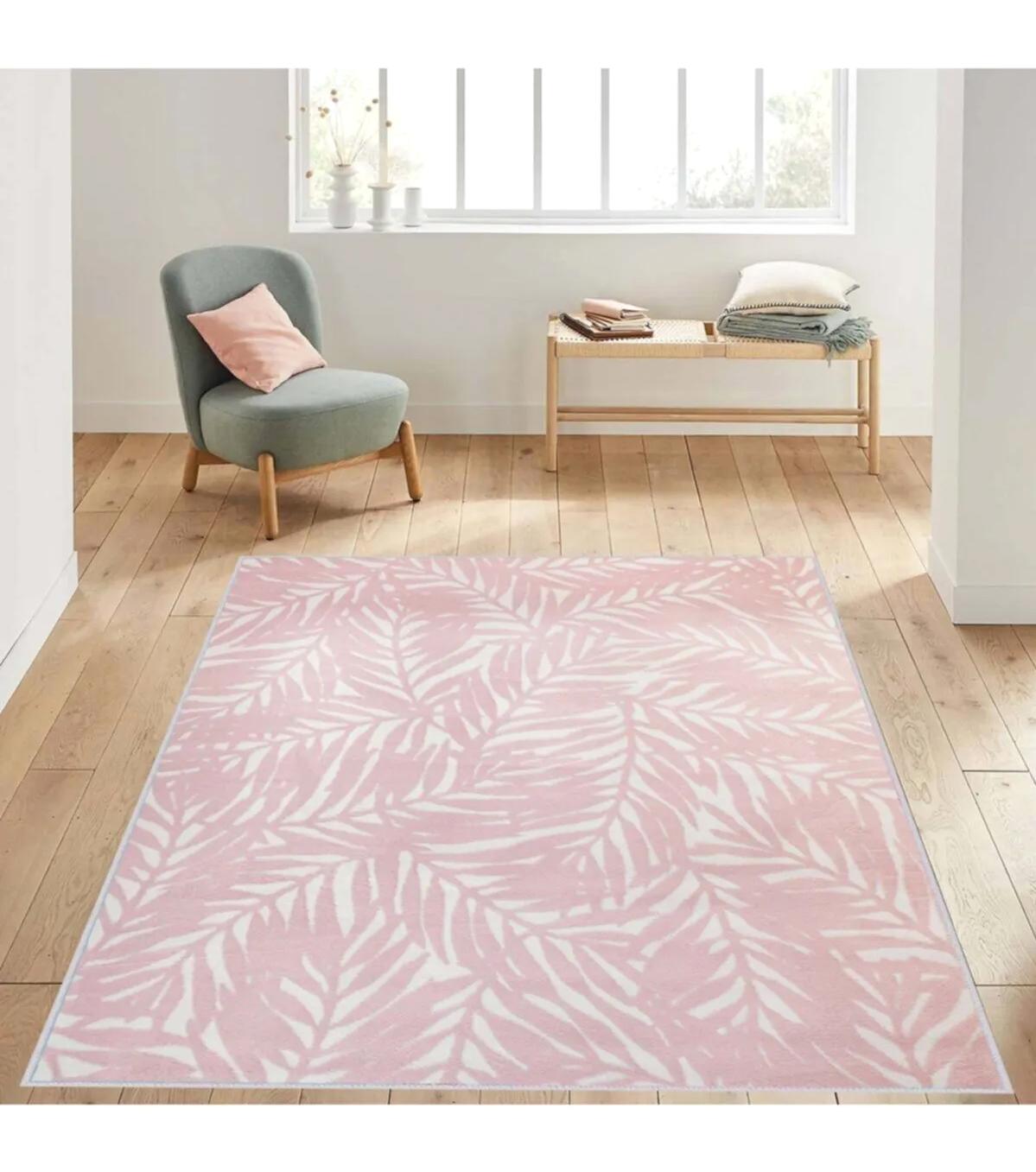 Rovigo Home RVG1425 Pembe 8 mm Polyester Leke Tutmaz-Toz Tutmaz Yıkanabilir İnce Kaymaz Dot Taban Dikdörtgen Makine Dokuma Salon Halısı 100x150 cm