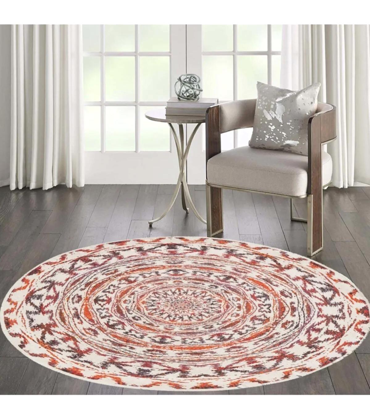 Rovigo Home RVG7043 Çok Renkli 8 mm Polyester Antibakteriyel-Leke Tutmaz-Toz Tutmaz Yıkanabilir İnce Kaymaz Dot Taban Yuvarlak Makine Dokuma Salon Halısı 140x200 cm