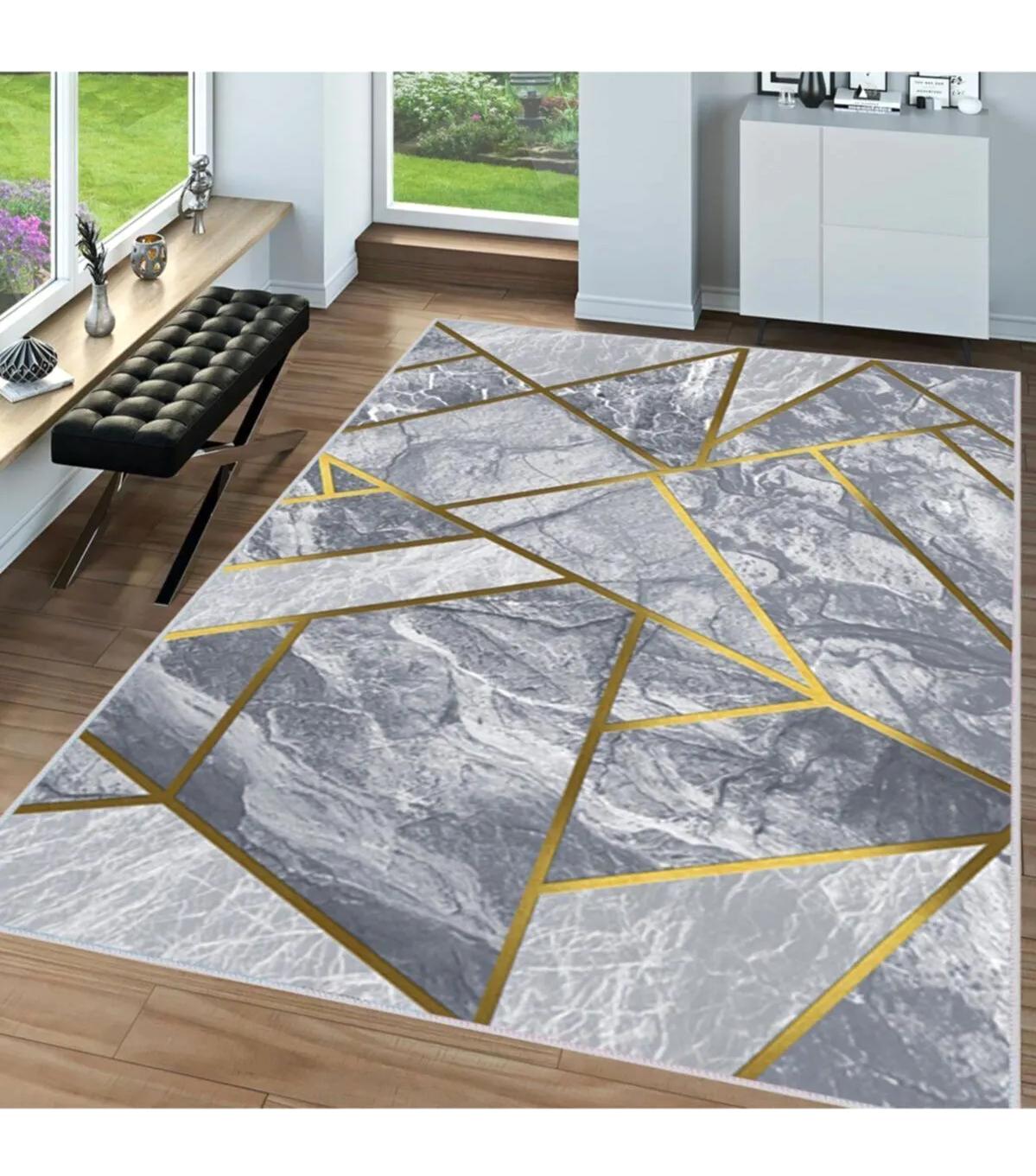 Rovigo Home RVG1582-HT1388 Gri 8 mm Polyester Leke Tutmaz-Toz Tutmaz Yıkanabilir İnce Kaymaz Dot Taban Dikdörtgen Makine Dokuma Salon Halısı 140x230 cm