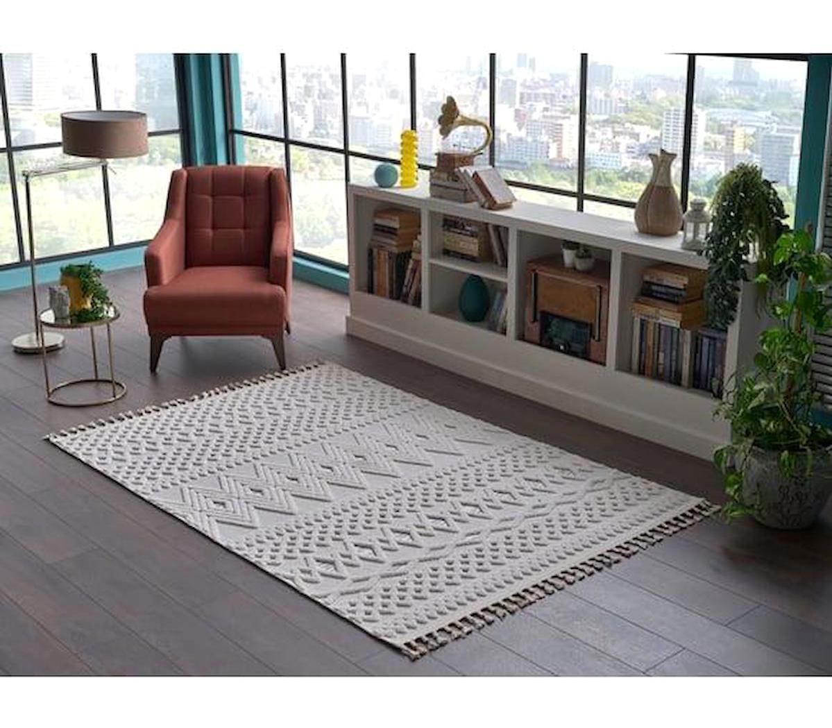 Gümüşsuyu Deco Alvin 12626 Krem 6 mm Polyester Antibakteriyel Yıkanabilir İnce Kaymaz Jüt Taban Dikdörtgen Makine Dokuma Salon Halısı 100x200 cm