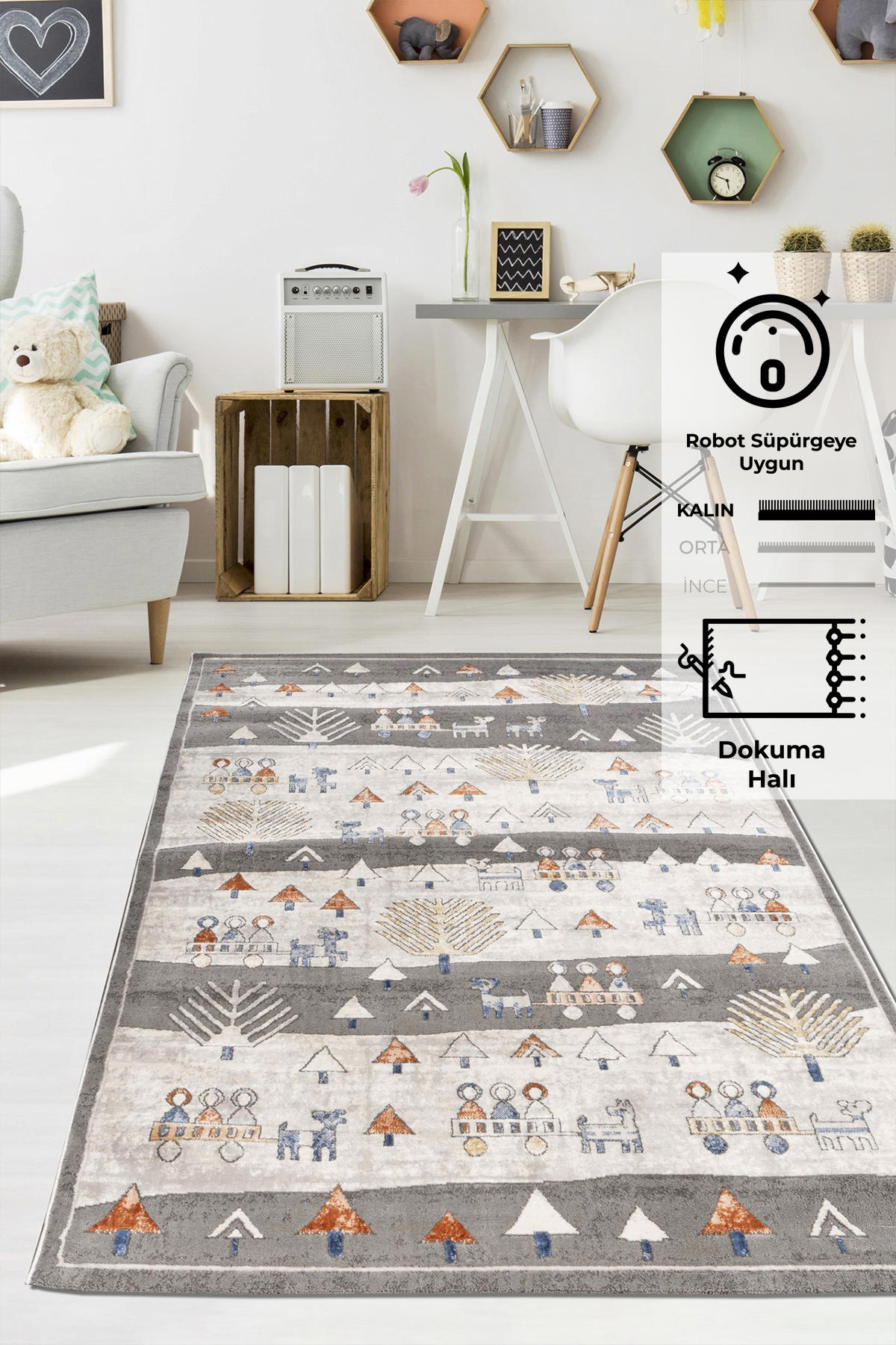 Konfor Halı Motto 4583 Gri 7 mm Polyester Yıkanabilir Dikdörtgen Makine Dokuma Çocuk Odası Halısı 120x180 cm