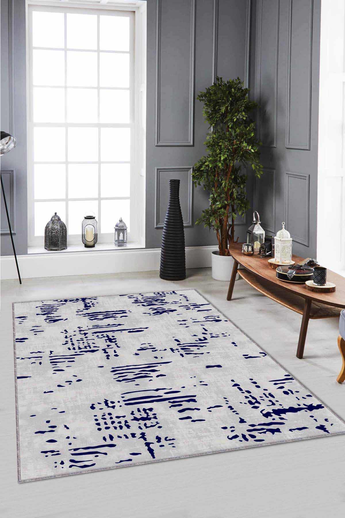 Viva Home DR003 Lacivert 7 mm Mikropolyester Antibakteriyel Yıkanabilir İnce Kaymaz Dot Taban Dikdörtgen Makine Dokuma Salon Halısı 80x200 cm