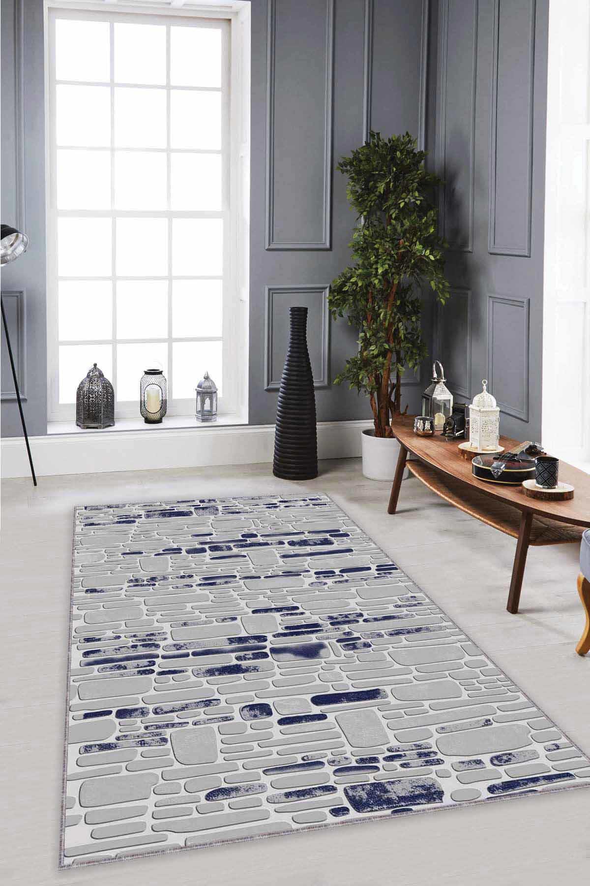 Viva Home RO09 Lacivert 7 mm Mikropolyester Antibakteriyel Yıkanabilir İnce Kaymaz Dot Taban Dikdörtgen Makine Dokuma Salon Halısı 160x230 cm