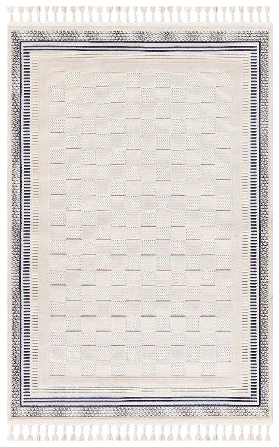 İpek Mekik Halı Pien 1752A Krem Lacivert 10 mm Polyester Yıkanabilir Orta Kaymaz Pamuk Taban Dikdörtgen Antre-Çocuk Odası-Salon-Yatak Odası Halısı 180x180 cm