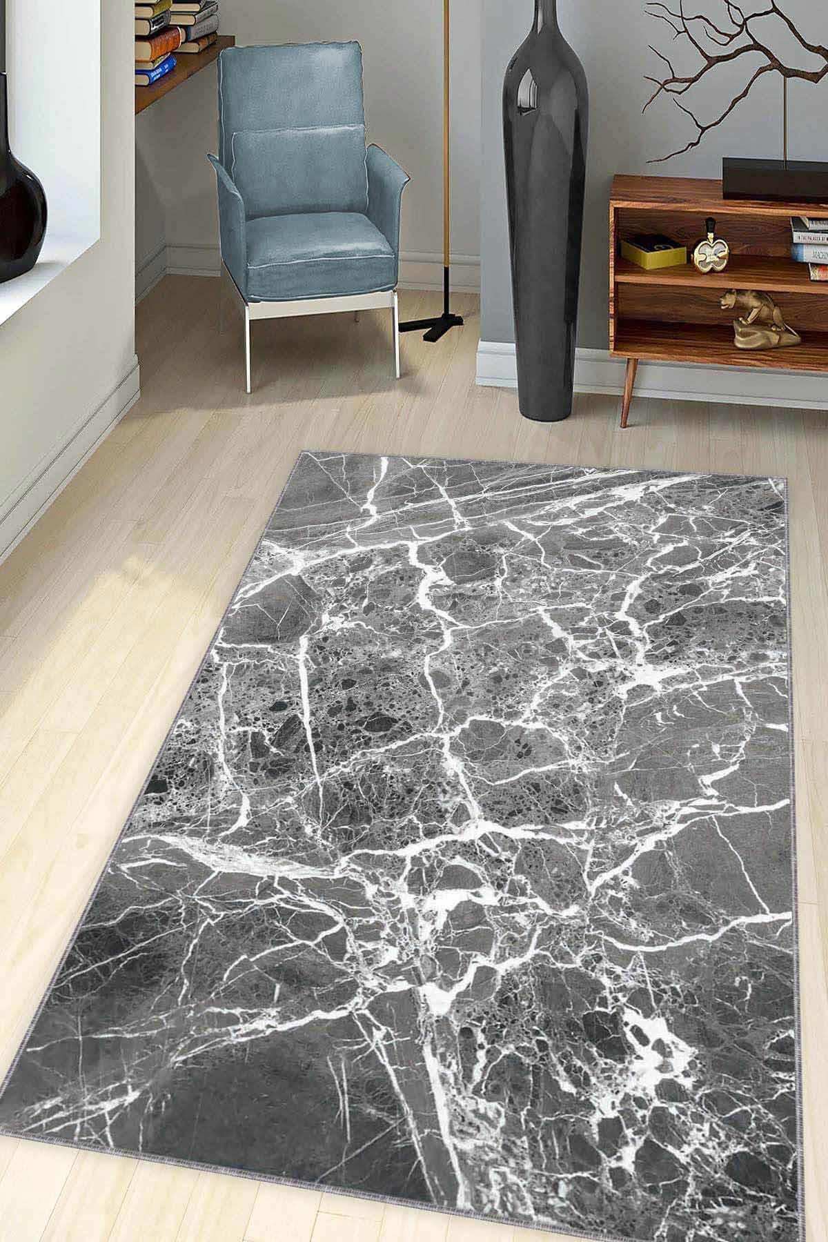 Viva Home MER01 Gri 7 mm Mikropolyester Toz Tutmaz Yıkanabilir İnce Kaymaz Dot Taban Dikdörtgen Makine Dokuma Salon Halısı 140x200 cm