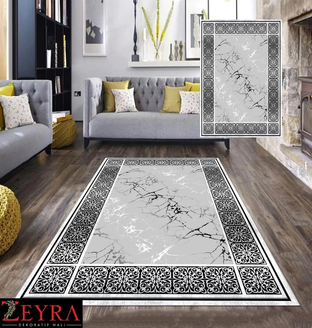 Armones Home Gri-Krem 7.5 mm Polipropilen Antibakteriyel Yıkanabilir İnce Kaymaz Jel Taban Dikdörtgen Makine dokuma Salon Halısı 80x300 cm