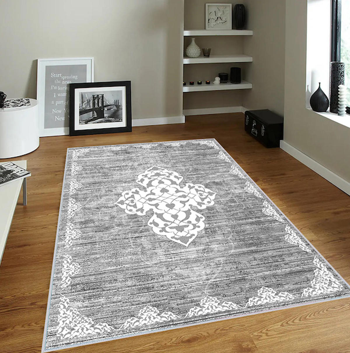 Rovigo Home RVG0042-SD1088 Gri 8 mm Polyester Yıkanabilir Orta Kaymaz Dot Taban Dikdörtgen Makine Dokuma Salon Halısı 120x180 cm