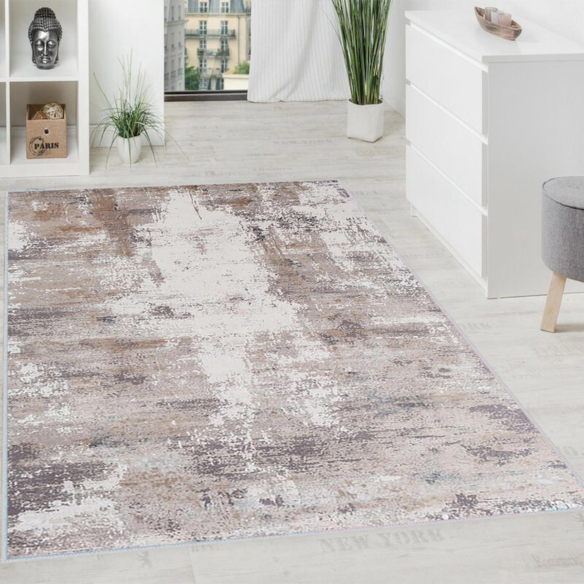 Rovigo Home RVG1058 Krem 8 mm Polyester Leke Tutmaz-Toz Tutmaz Yıkanabilir İnce Kaymaz Dot Taban Dikdörtgen Makine Dokuma Salon Halısı 200x290 cm