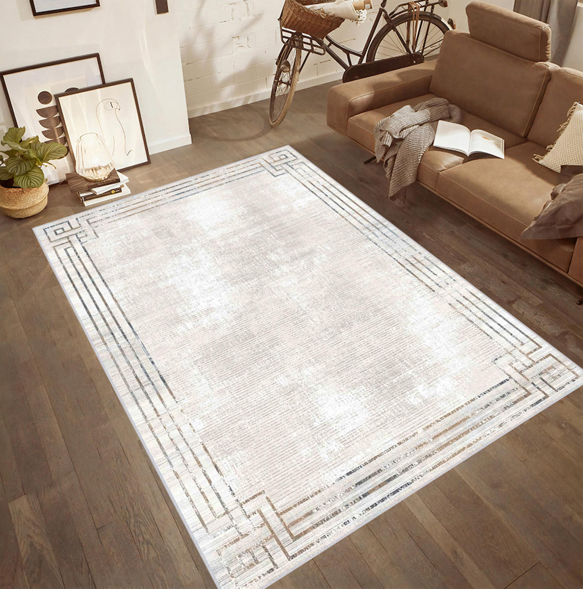 Rovigo Home RVG0442 Krem 8 mm Polyester Antibakteriyel-Leke Tutmaz-Toz Tutmaz Yıkanabilir İnce Kaymaz Dot Taban Dikdörtgen Makine Dokuma Salon Halısı 80x150 cm