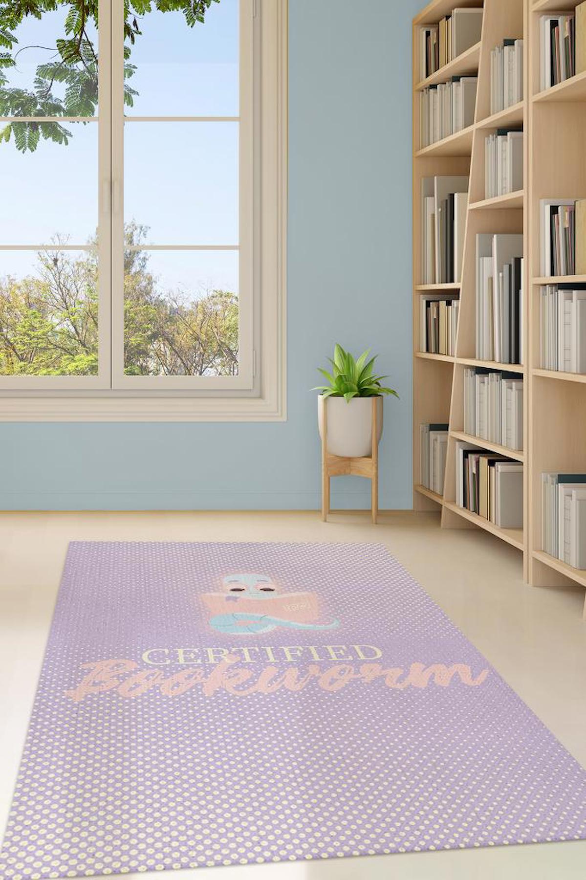 Homshtag Sertifikalı Kitap Kurdu Pembe 4 mm Pamuk Antistatik Yıkanabilir İnce Kaymaz Dikdörtgen Makine Dokuma Çocuk Odası Halısı 80x500 cm