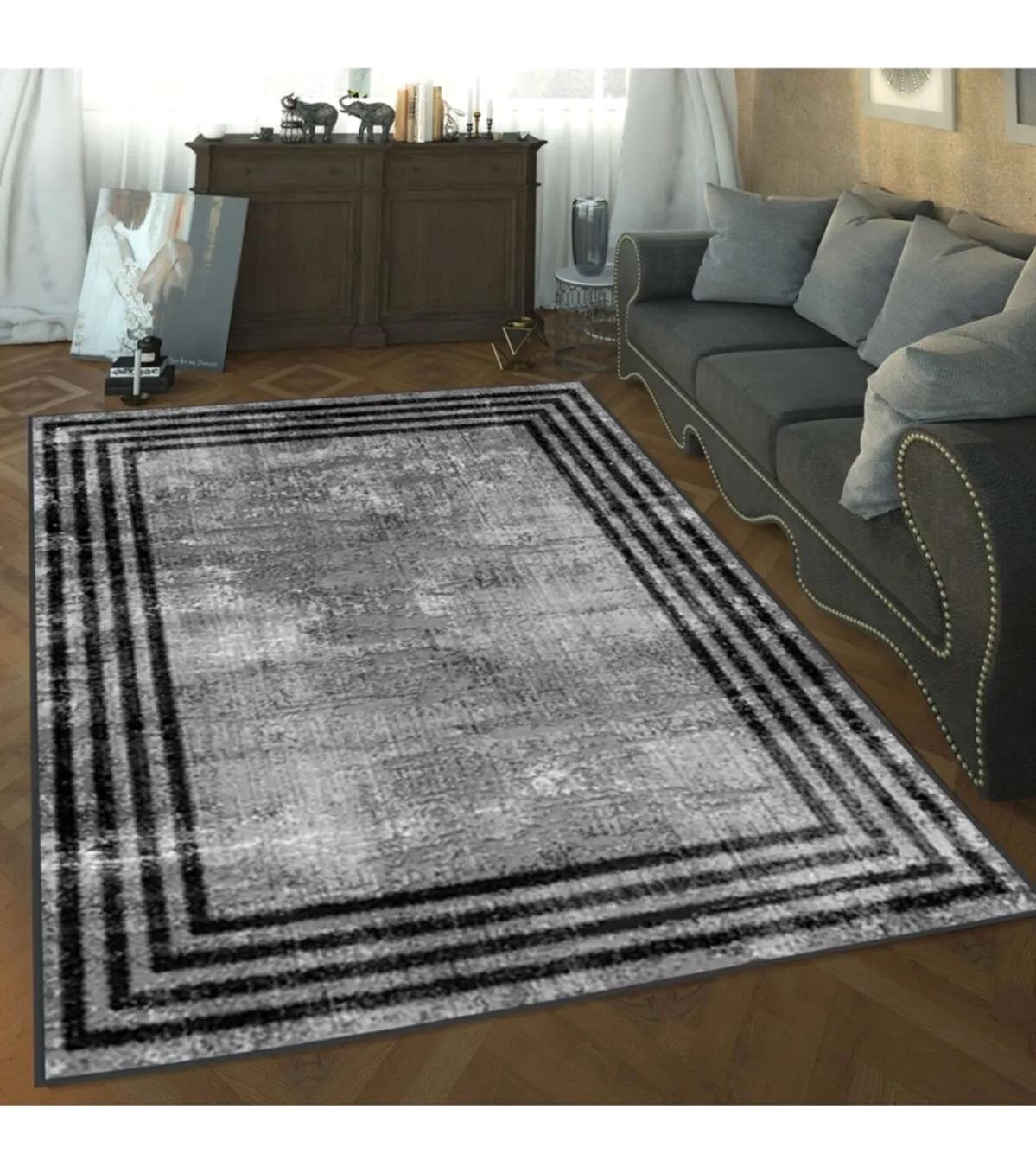 Rovigo Home RVG1356-HT486 Gri-Siyah 8 mm Polyester Leke Tutmaz-Toz Tutmaz Yıkanabilir İnce Kaymaz Dot Taban Dikdörtgen Makine Dokuma Salon Halısı 80x500 cm