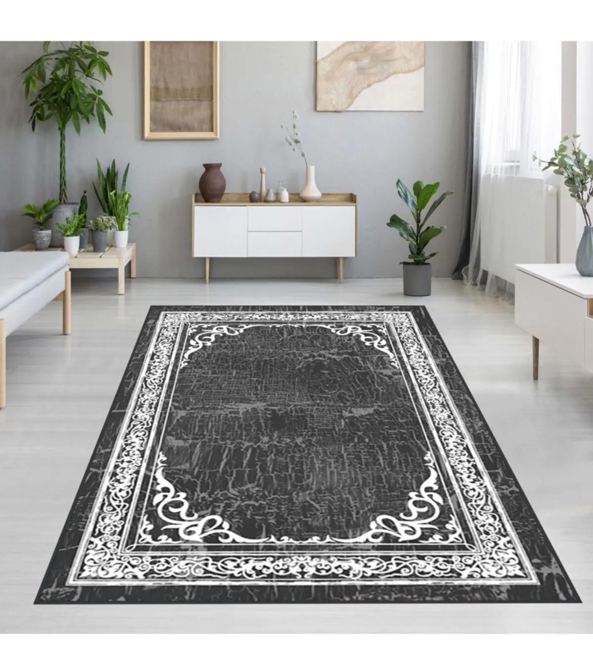 Rovigo Home RVG1370-HY939 Gri 8 mm Polyester Leke Tutmaz-Toz Tutmaz Yıkanabilir İnce Kaymaz Dot Taban Dikdörtgen Makine Dokuma Salon Halısı 80x300 cm