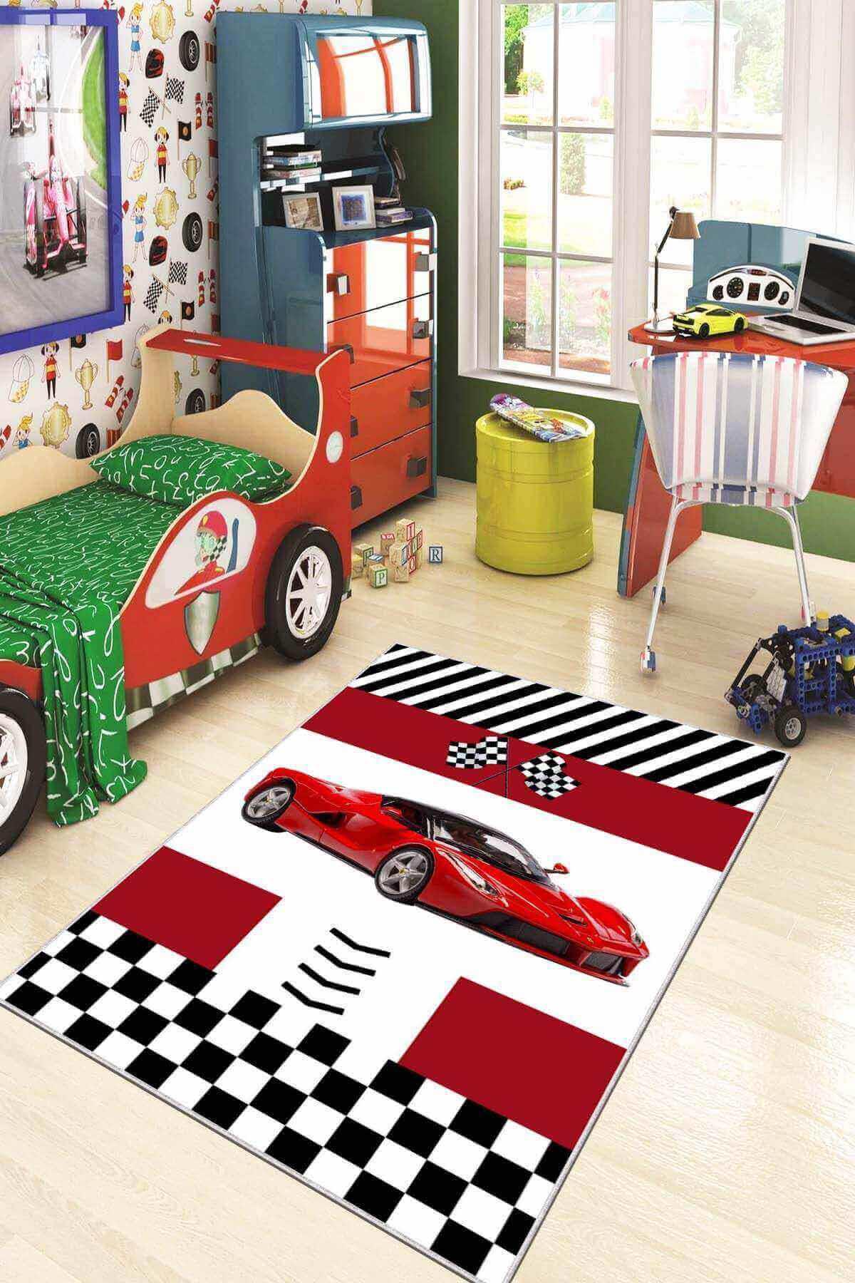 Viva Home KD59 Kırmızı 7 mm Mikropolyester Antibakteriyel Yıkanabilir İnce Kaymaz Taban Araba Desenli Dikdörtgen Makine Dokuma Çocuk Odası Halısı 60x90 cm