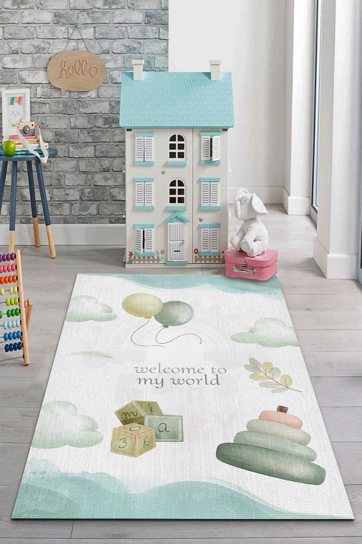 Homshtag Dünyama Hoşgeldin Krem 4 mm Pamuk Antistatik Yıkanabilir İnce Kaymaz Dikdörtgen Makine Dokuma Çocuk Odası Halısı 80x150 cm