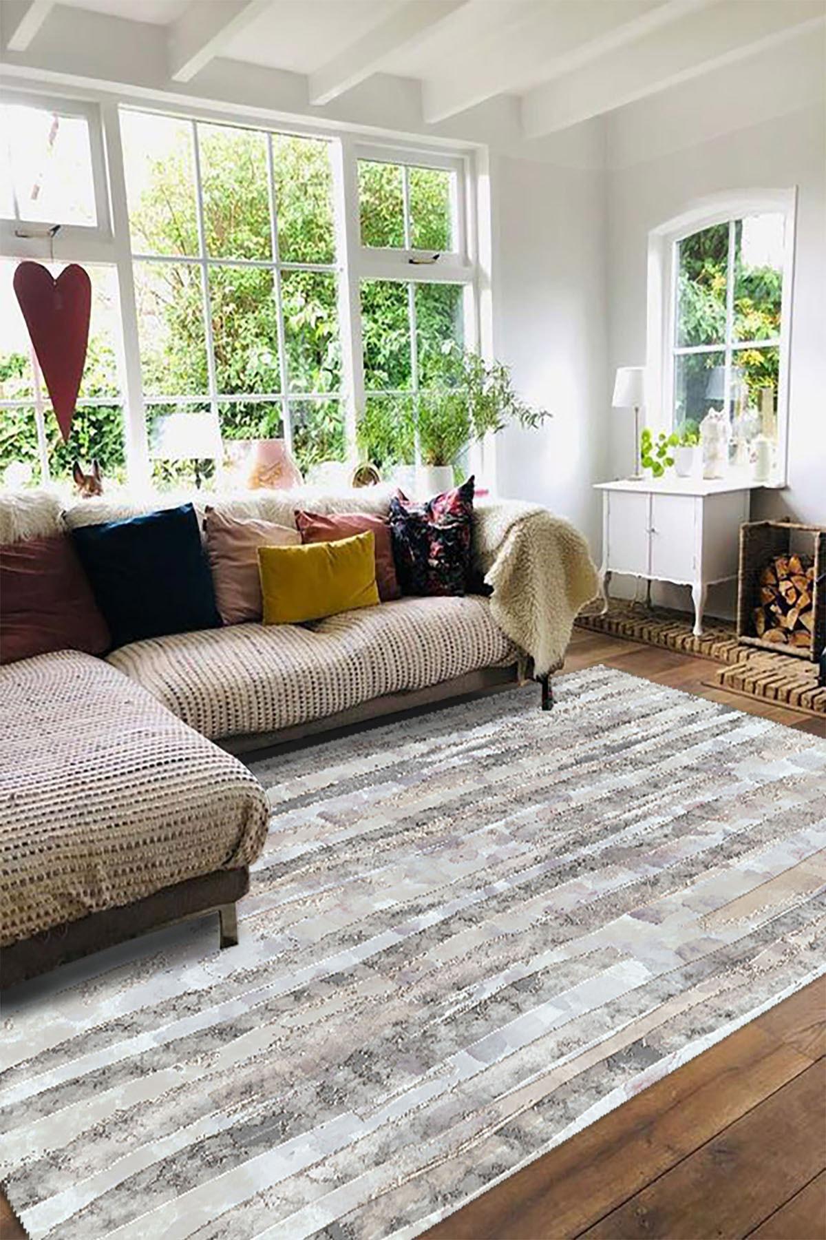 Latte Dizayn Kadife Krem 0.5 mm Pamuk Antibakteriyel Yıkanabilir İnce Kaymaz Pamuk Taban Dikdörtgen Makine Dokuma Salon Halısı 120x180 cm