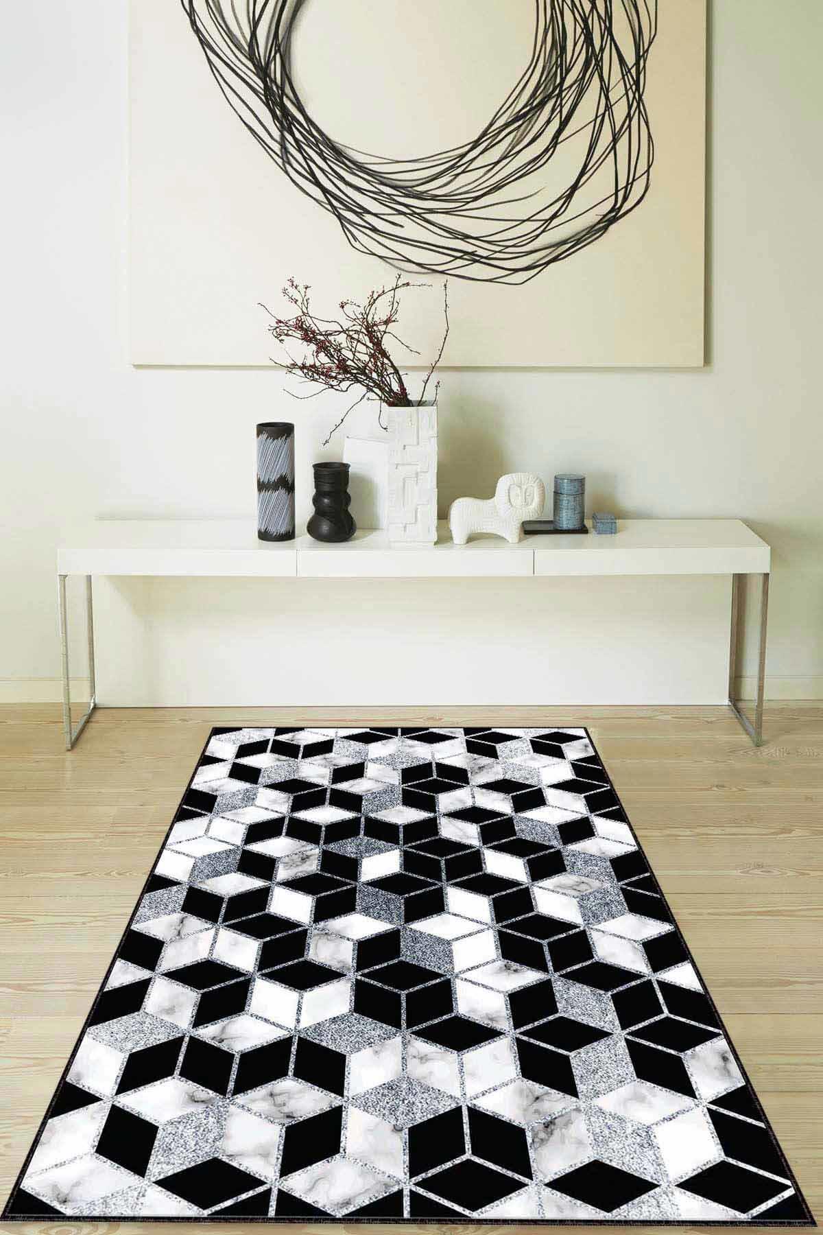 Viva Home RV150 Siyah 7 mm Mikropolyester Antibakteriyel Yıkanabilir İnce Kaymaz Lateks Taban Dikdörtgen Makine Dokuma Salon Halısı 100x300 cm