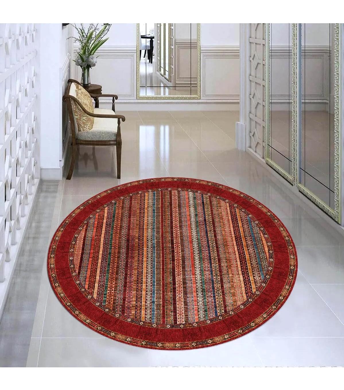Rovigo Home RVG7344-HT647 Çok Renkli 8 mm Polyester Antibakteriyel-Leke Tutmaz-Toz Tutmaz Yıkanabilir İnce Kaymaz Dot Taban Yuvarlak Makine Dokuma Salon Halısı 120x170 cm