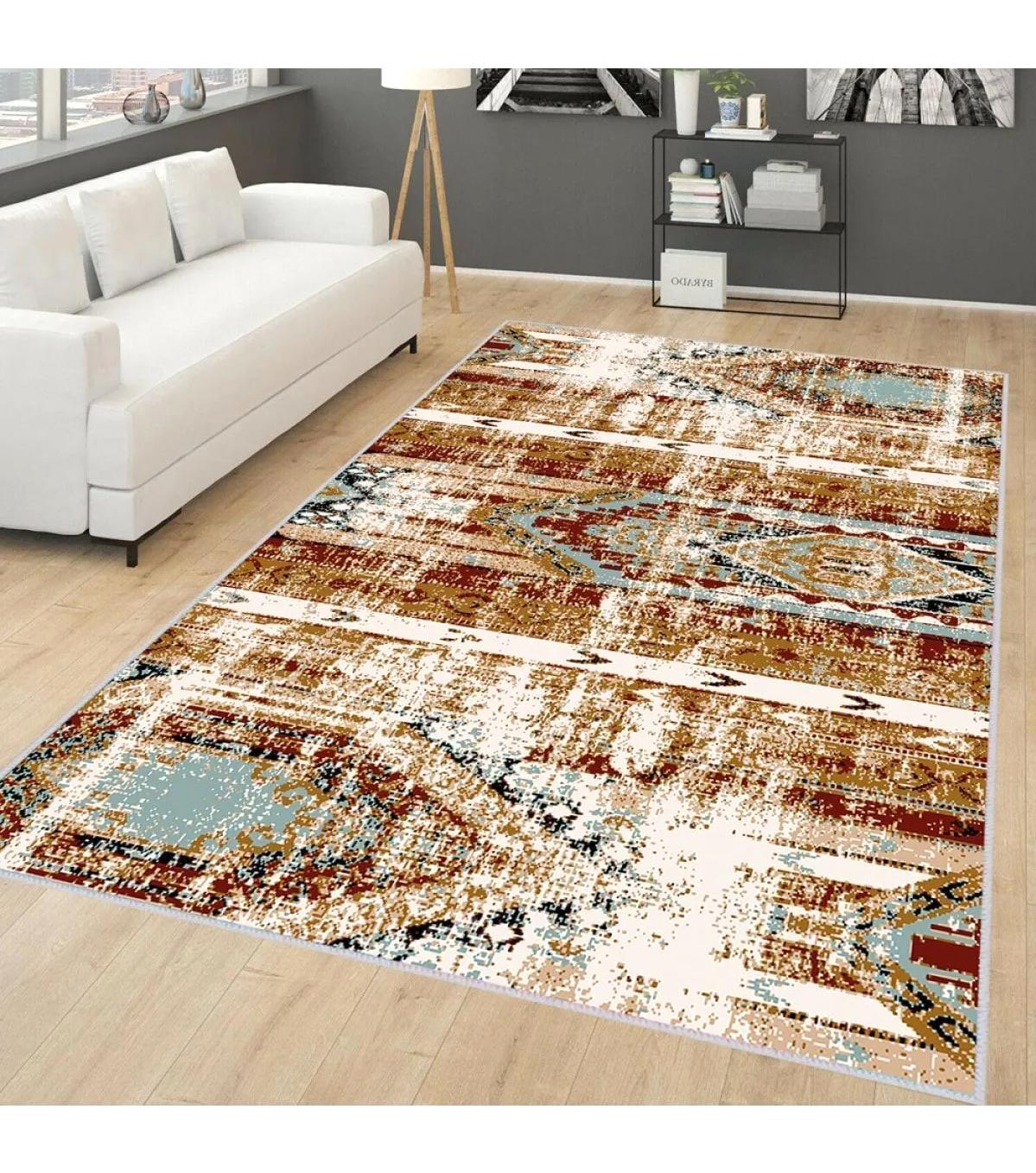 Rovigo Home RVG0282-SM07 Çok Renkli 8 mm Polyester Antibakteriyel-Leke Tutmaz-Toz Tutmaz Yıkanabilir İnce Kaymaz Dot Taban Dikdörtgen Makine Dokuma Salon Halısı 120x180 cm