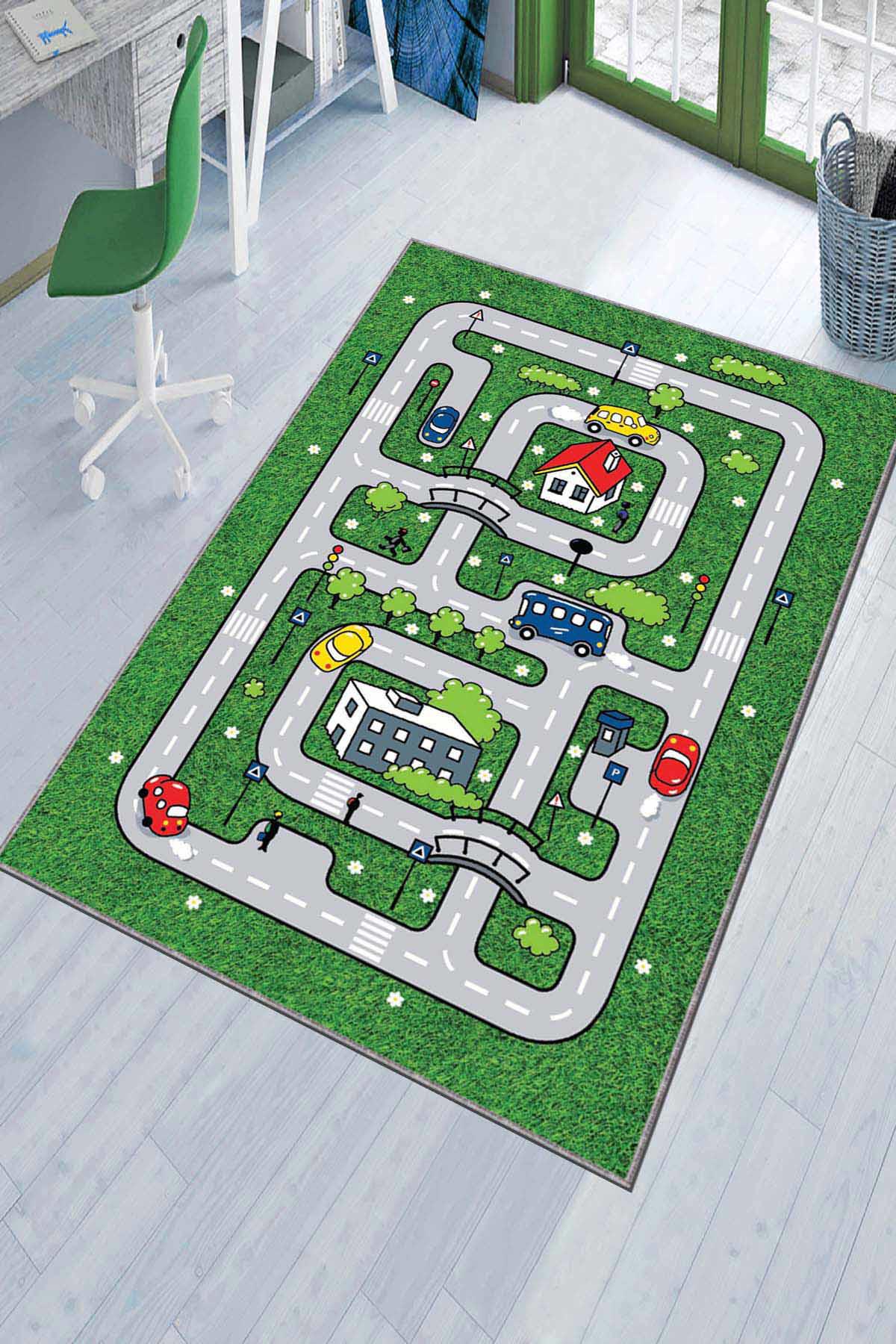 Viva Home AR222 Yeşil 7 mm Mikropolyester Toz Tutmaz Yıkanabilir İnce Kaymaz Taban Dikdörtgen Makine Dokuma Çocuk Odası Halısı 80x200 cm